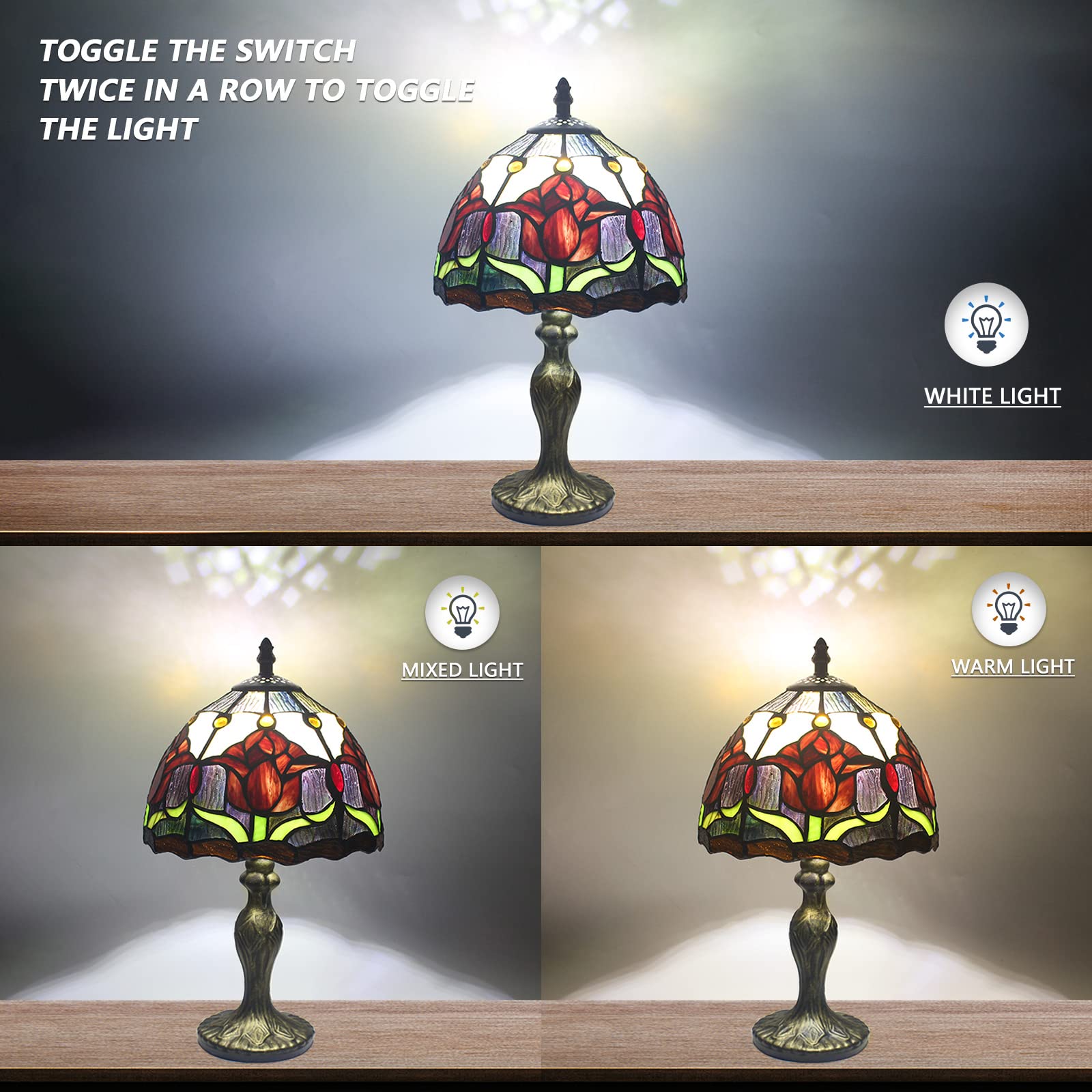 Lampa stołowa w stylu Tiffany, lampa stołowa vintage, ręcznie robiona, klosz ze szkła malowanego, do sypialni, lampki nocnej, gabinetu, biura (czerwona)