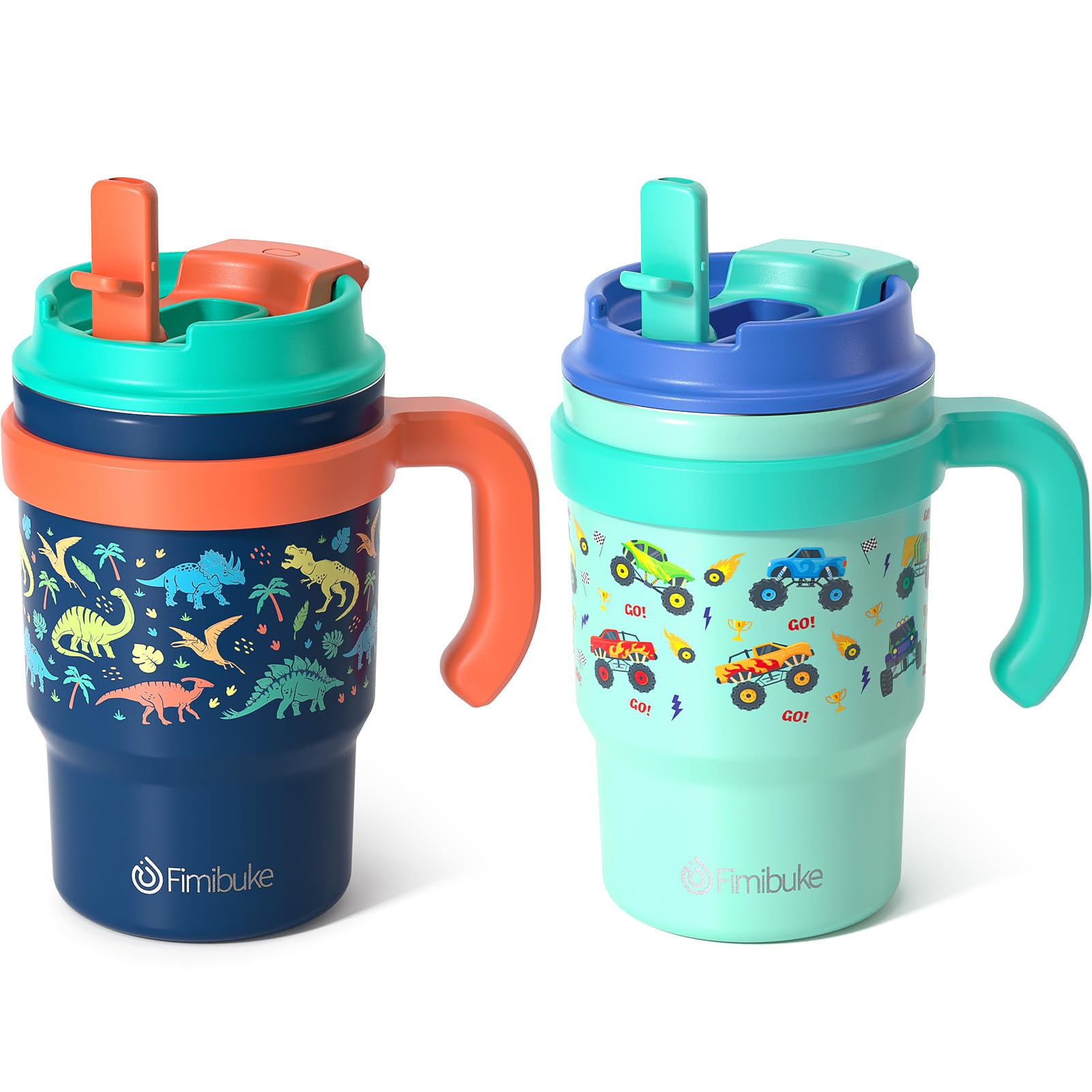Fimibuke 16oz Kids Insulated Tumbler with Handle & Straws - 2 Pack BPA FREE 18/8 Stainless Steel Toddler Cups with Sip/Swig 2-in-1 Lids, Leak Proof Kid Drinking Cup Travel Mugs for Children Boys Girls