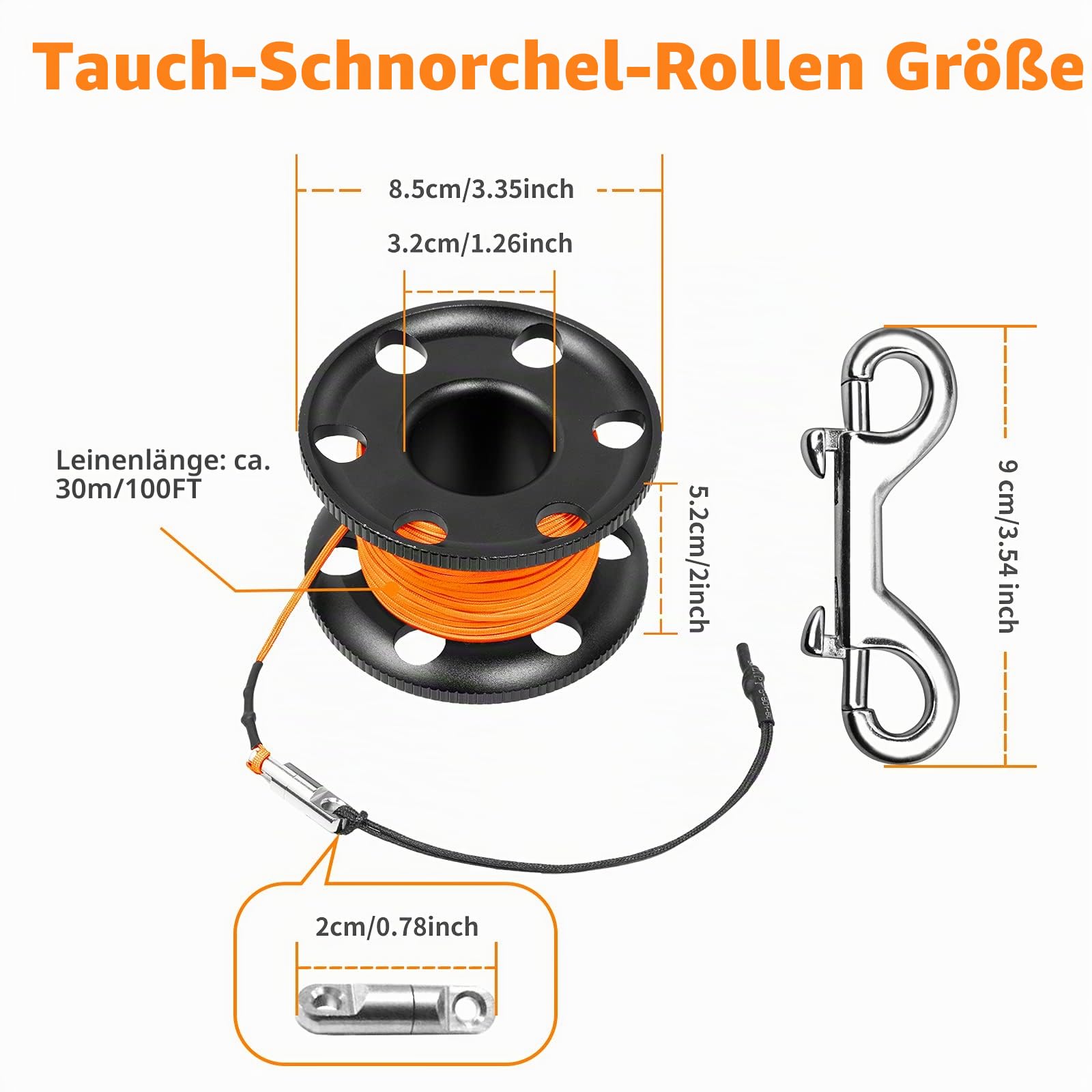 SMB Tauchflächenmarkierungsboje (SMB), Signalrohr-Sicherheitswurst mit 30 m Aluminiumspule und doppelendigem Hakenclip für Unterwasser-Tauchen, Schnorcheln (1,5 m, Orange SMB + schwarze Spule)