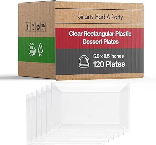 Smarty Had A Party 120 elegantes platos de postre de plástico desechables, platos rectangulares transparentes resistentes para ensalada y aperitivo
