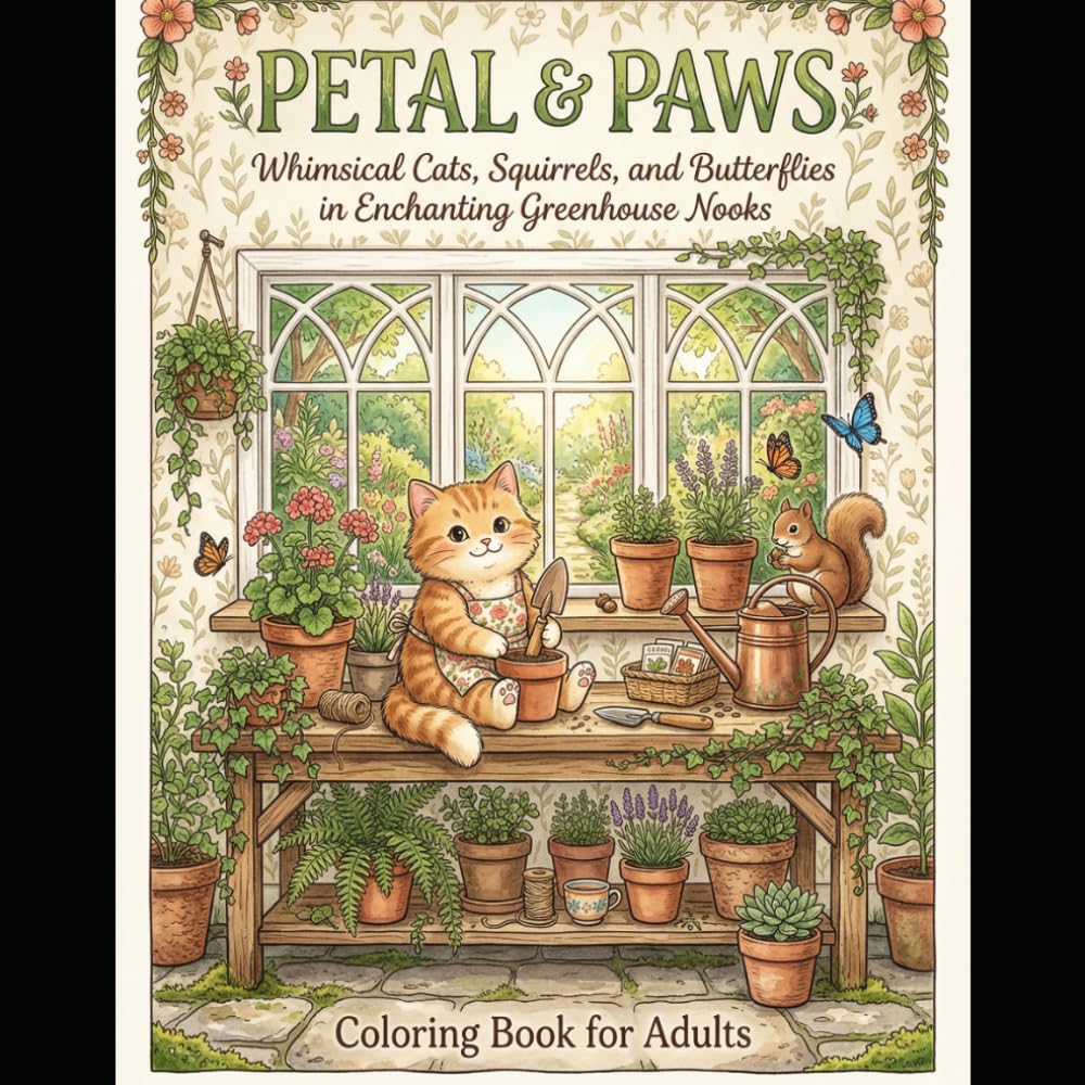 Petal & Paws A Garden Cottage Coloring Book: Whimsical Cats Squirrels and Butterflies in Enchanting Greenhouse Nooks (The Cozy Cottage Coloring Series)