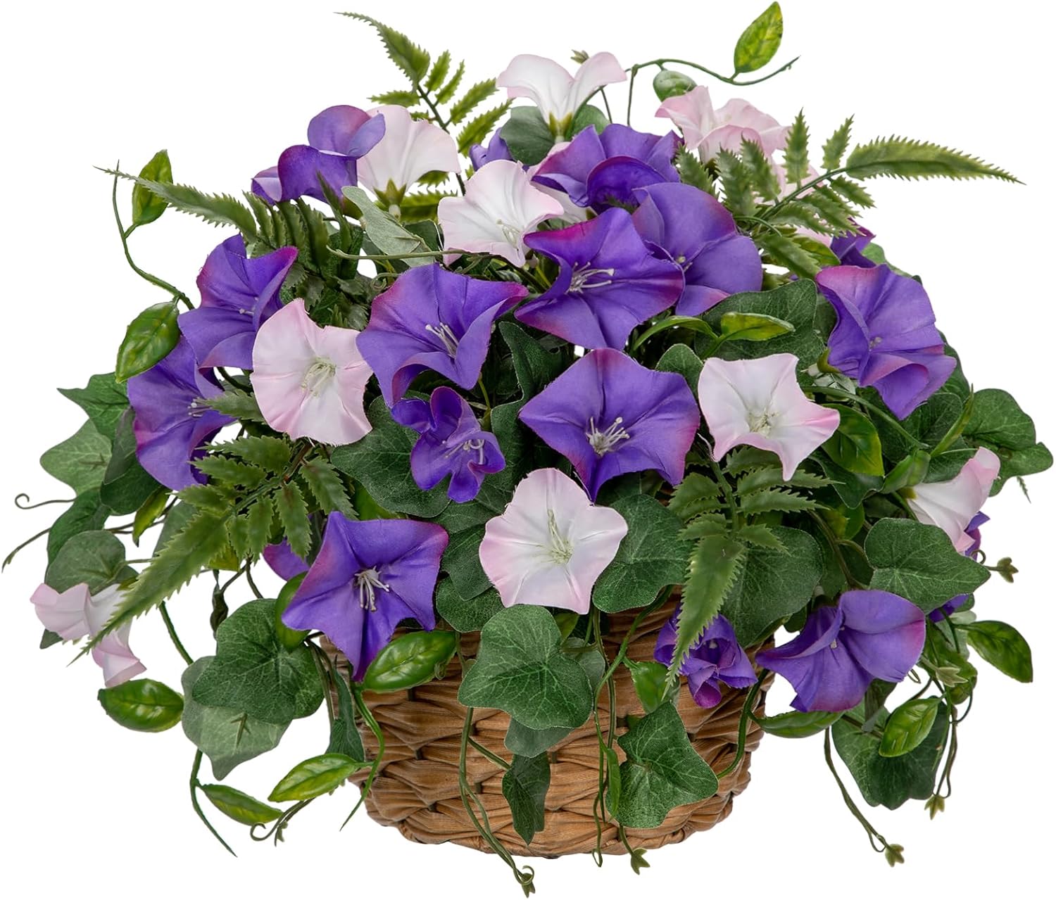 Briful Artificial Flower Arrangement with Rattan Basket Fake Potted Morning Glory Silk Flowers Faux Flower Table Centerpiece for Home Office Bathroom Wedding Farmhouse Decor(Pale Purple)