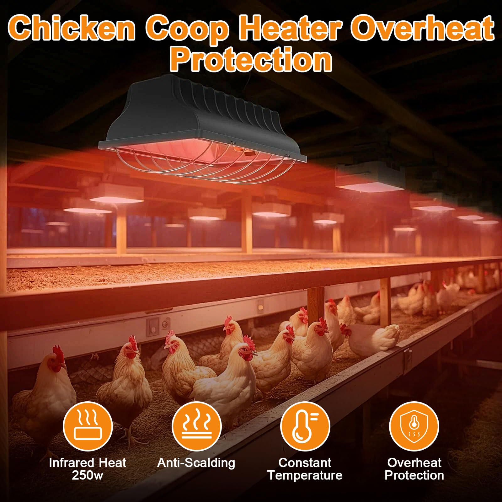 Calentador para Gallinero, Lámpara Infrarroja Impermeable de 250 W, Calentador de Invierno, Termostato para Aves de Corral con Ajustable para Pollitos, Cachorros, Gatos, Cerdos, Perros y Reptiles