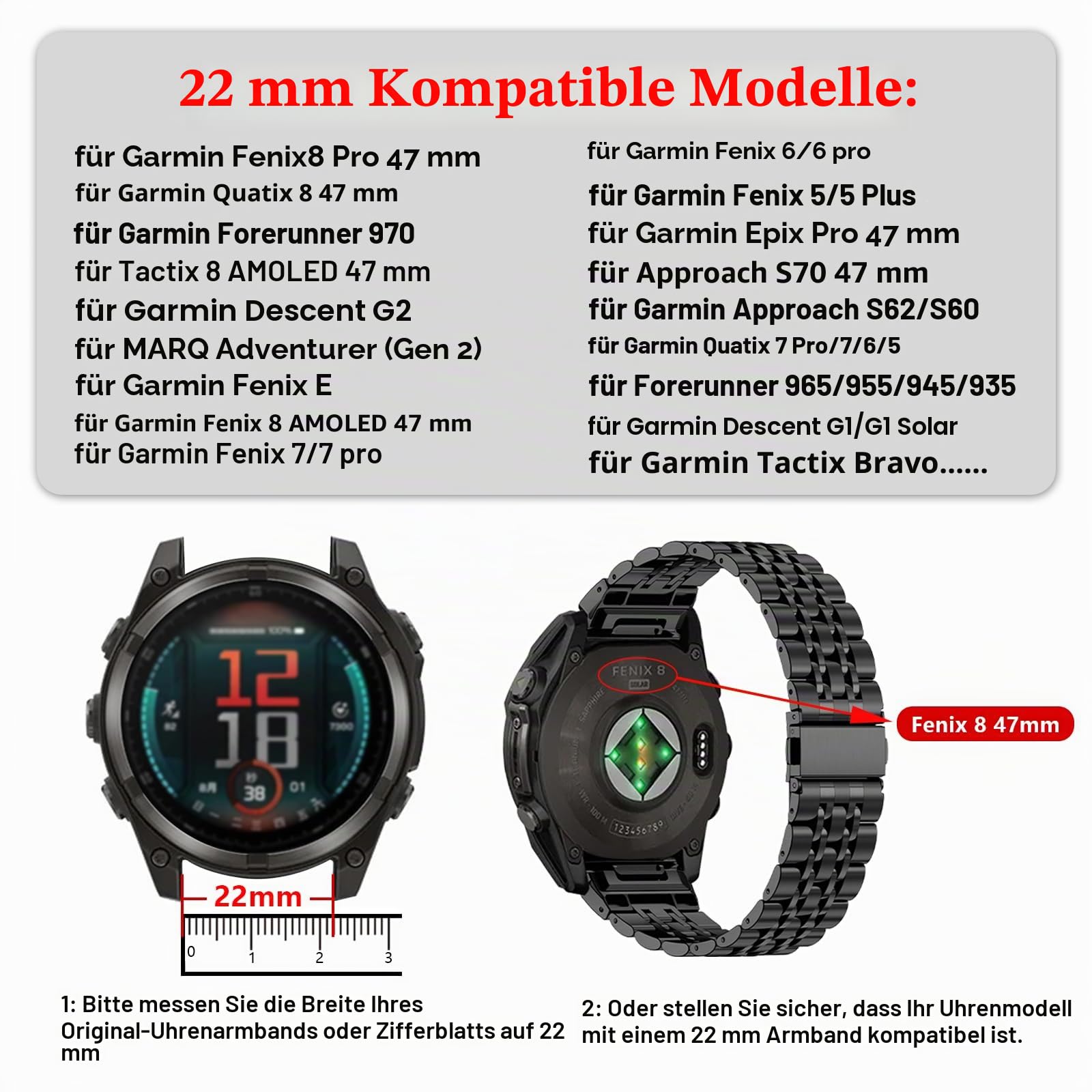22mm Metall Armband für Garmin Fenix 8 AMOLED/8 pro 47mm/7/7 pro/6/6 pro/5 plus,Quickfit Edelstahl Armband Kompatibel mit Quatix 8/Epix Pro/Approach S70 47mm/Forerunner 970/965/955/Descent G2