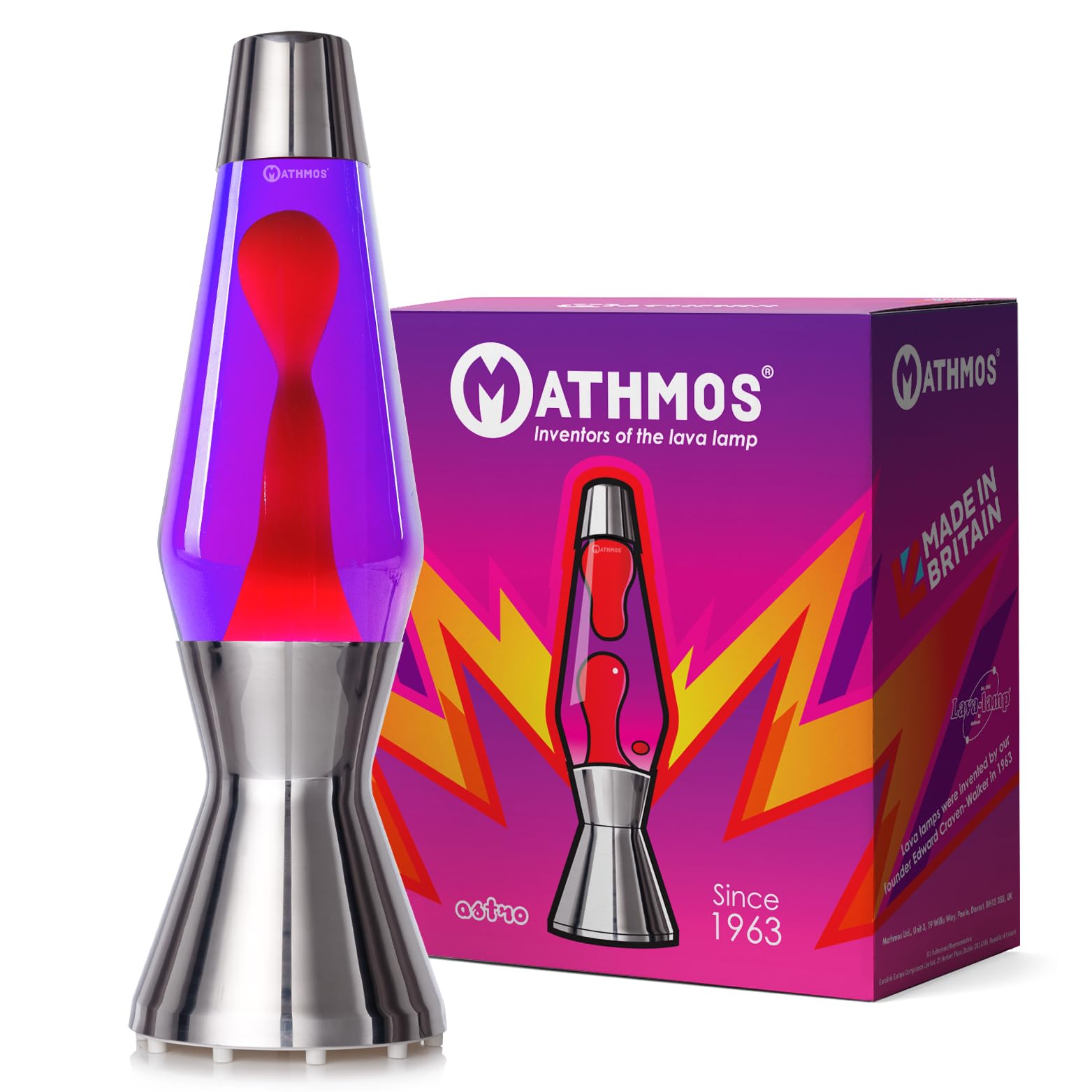Mathmos Lámpara de lava Astro Plata | Inventores británicos del clásico de diseño de 1963 | Lámpara de lava Violeta/Rojo fabricada a mano en Gran Bretaña según estrictas normas de seguridad
