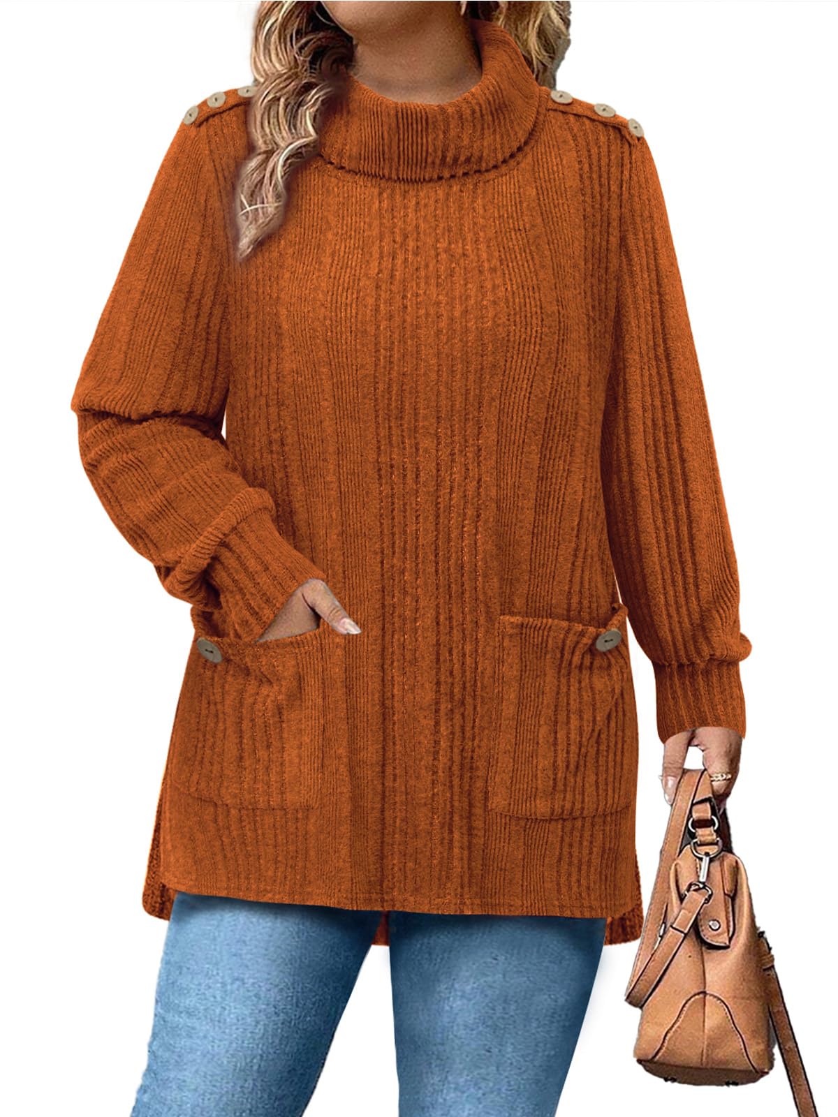 Siddhe Plus Size Turtleneck Tops for Women High Neck Long Sleeve Tunic with Pockets Fall Winter Sweater XL-5XL