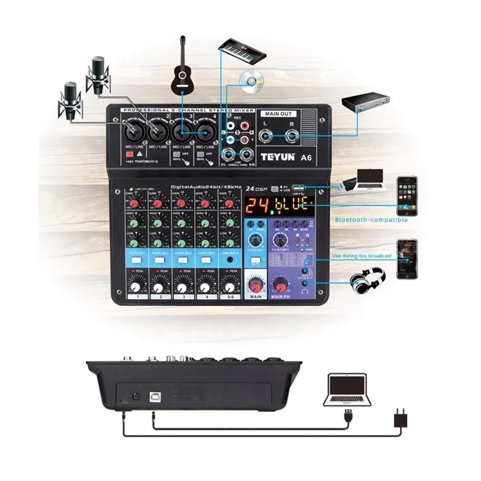 Mixer per DJ, Mixer Portatile Professionale a 6 canali, Console di missaggio, Ingresso Computer, Alimentazione 48 V, Numero Modello, Certificazione, Origine A6