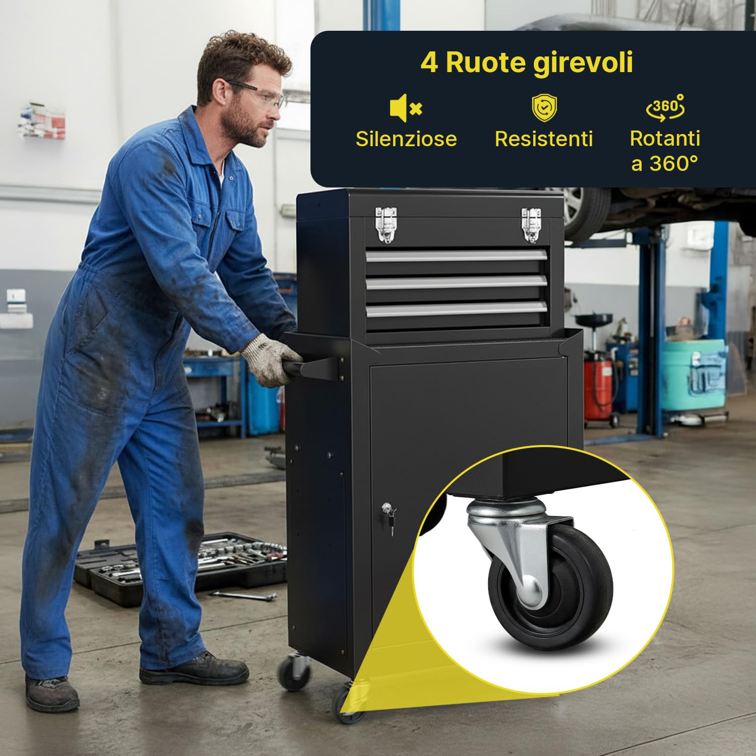 Carrello Officina Porta Attrezzi in Metallo - Banco da Lavoro Mobile con 3 Cassetti Scorrevoli e Armadietto con Serratura - 4 Ruote Girevoli e Maniglia Ergonomica - Organizer per Garage