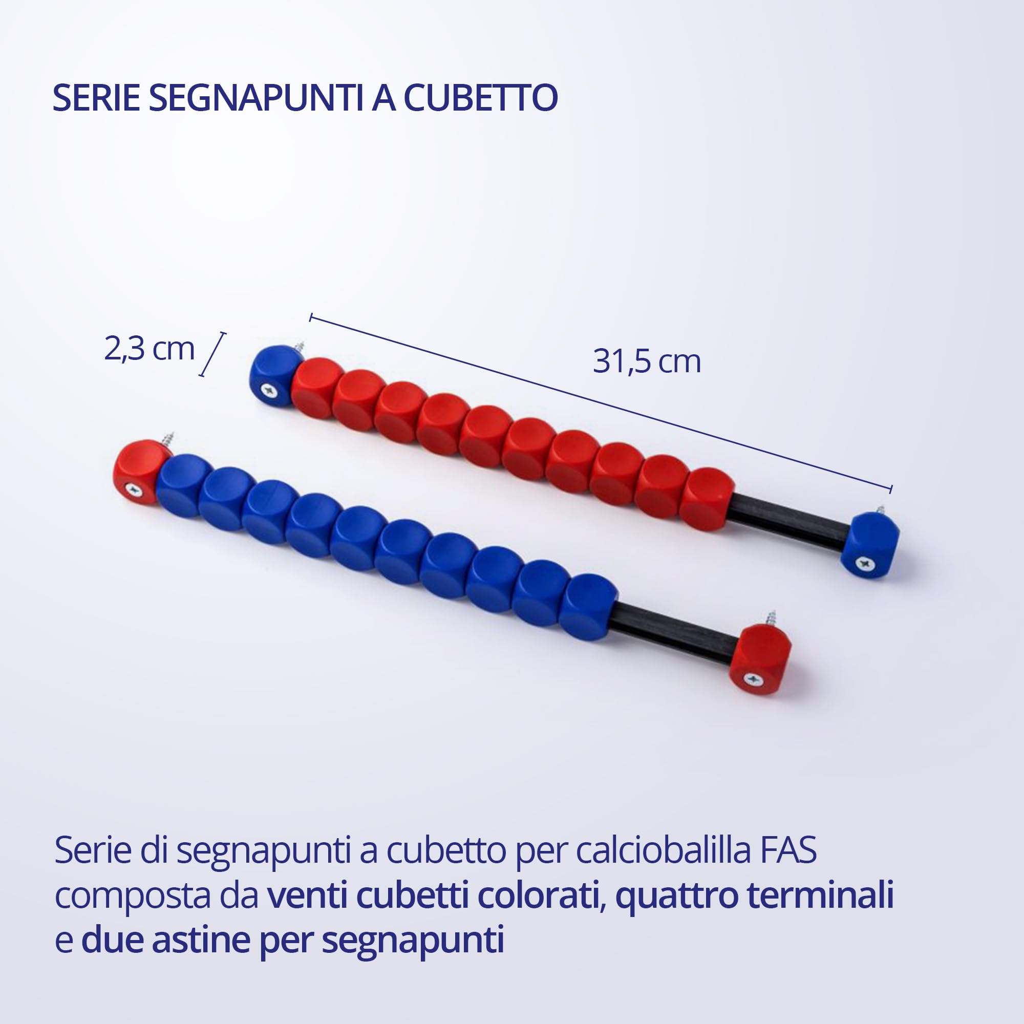 FAS PENDEZZA Segnapunti a Cubetto per Calcio Balilla - Set Completo con 20 Cubetti Rossi e Blu per Biliardino, 4 Terminali e 2 Astine