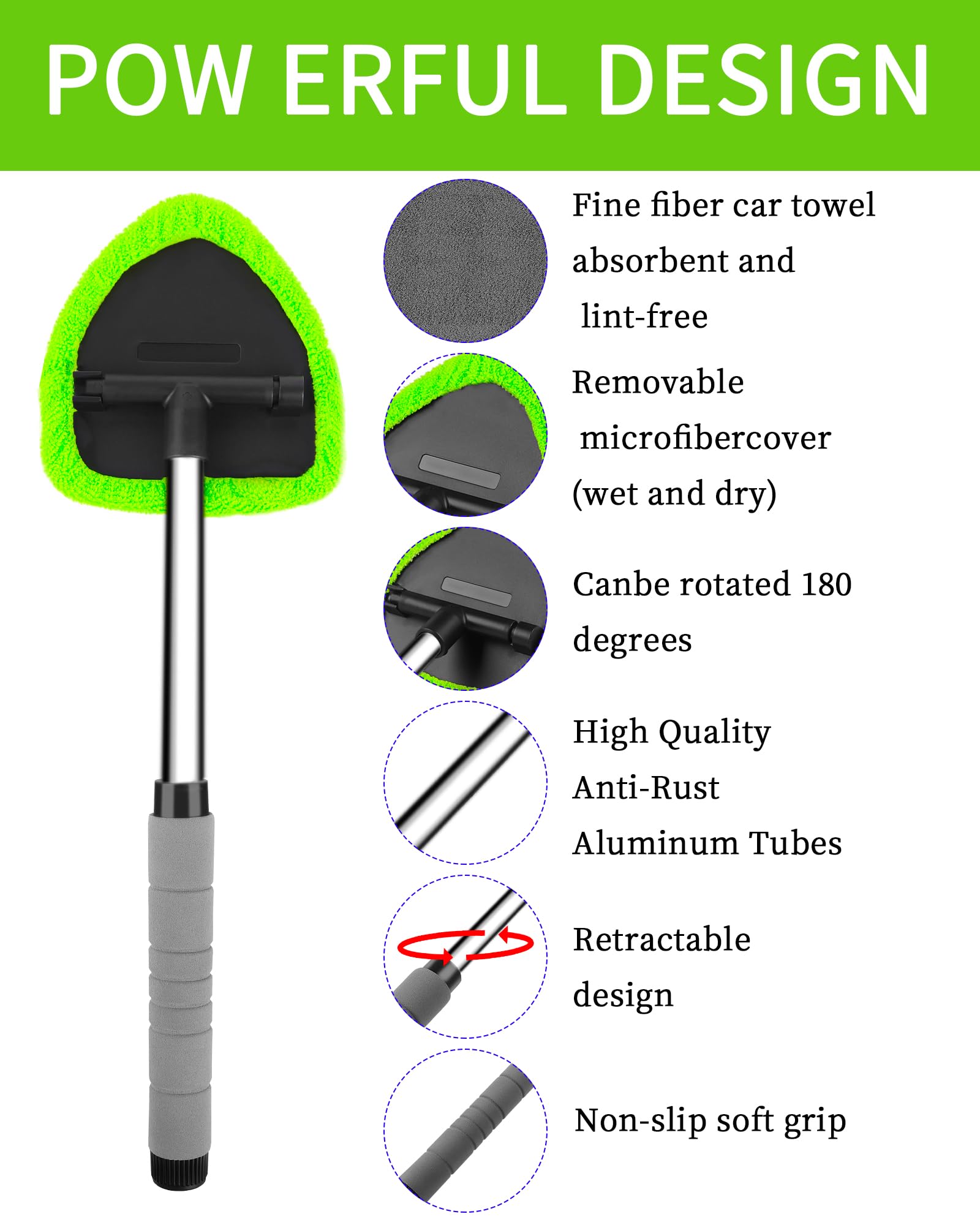 Auto Window Cleaning Tool, Retractable Windshield Cleaner Wand, Car Window Glass Cleaning, Double Sided car Window Cleaner, Microfiber Mirror Cleaning Tool kit. Car Interior Cleaning. (Green)