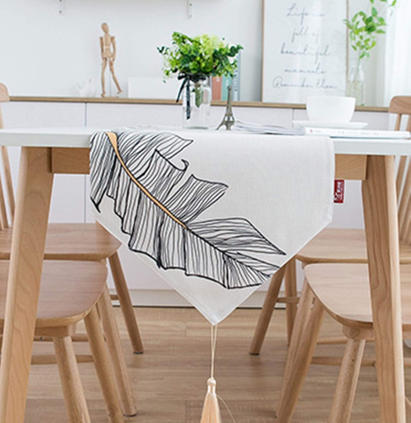 Whoiy Tischläufer 250 cm Lang, Tischläufer Hochzeit Elegant 33cm Polyester Weißes Bananenblatt Einfaches Geometrisches Muster Taufe Deko Küche, Haushalt & Wohnen