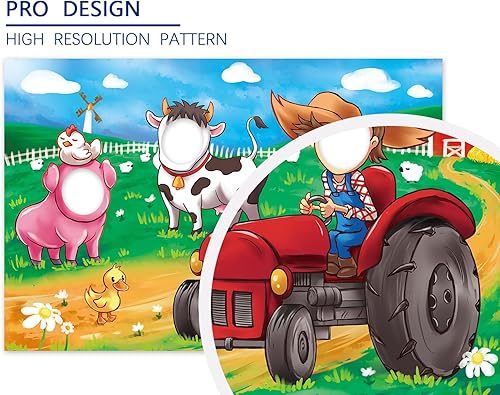 Miniatura 6 de Telón de fondo de animales de granja, 5 x 3.3 pies, accesorios de fotos con recortes de cara de granjero de vaca, granero rojo, molino de viento,