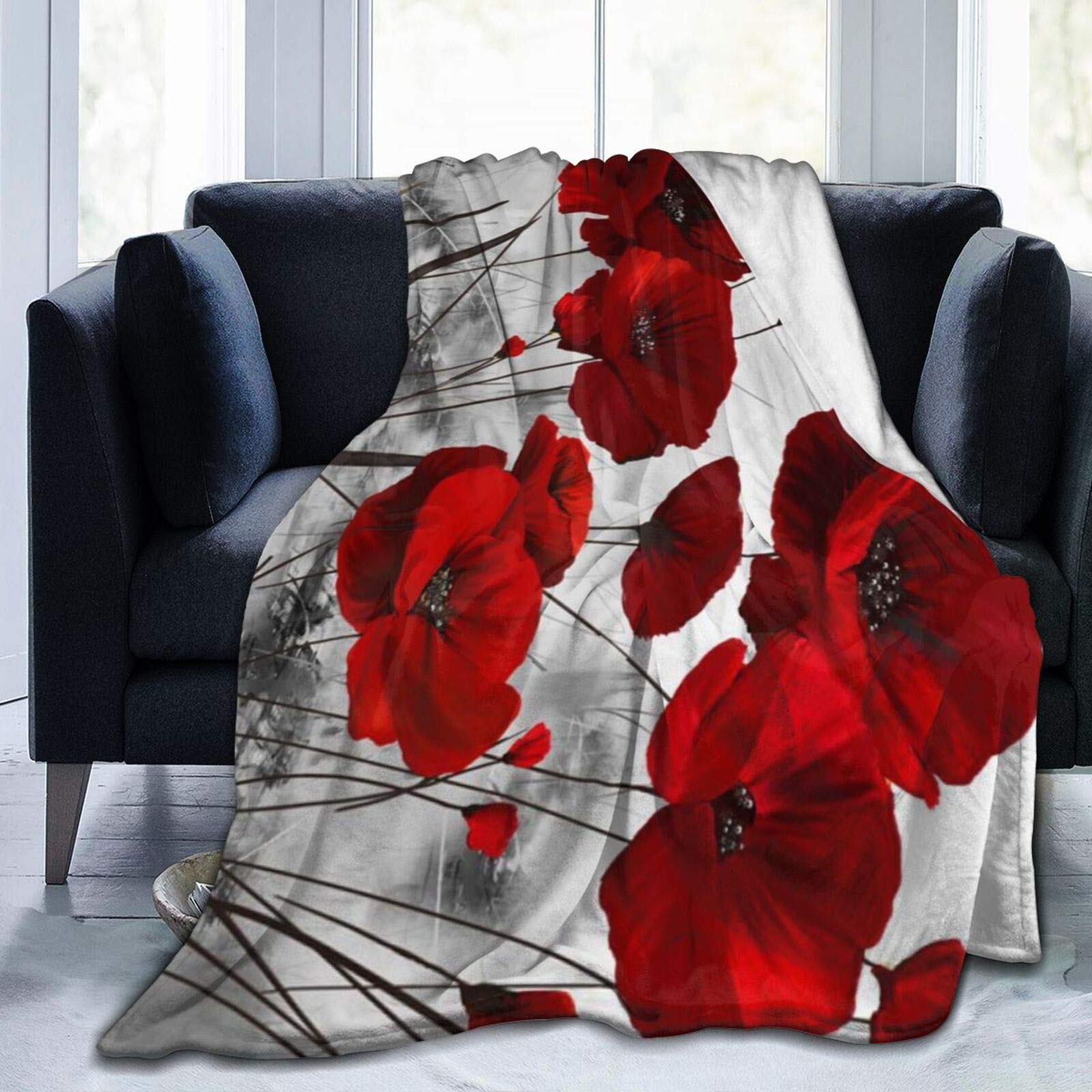 COMRTL Flannel Fleece Throw Blanket Bed Blanket Red Poppy Flower Micro Fleece Blanket Warm Soft Lightweight Cozy Microfiber Blanket Throw for Bed Couch Sofa All Seasons