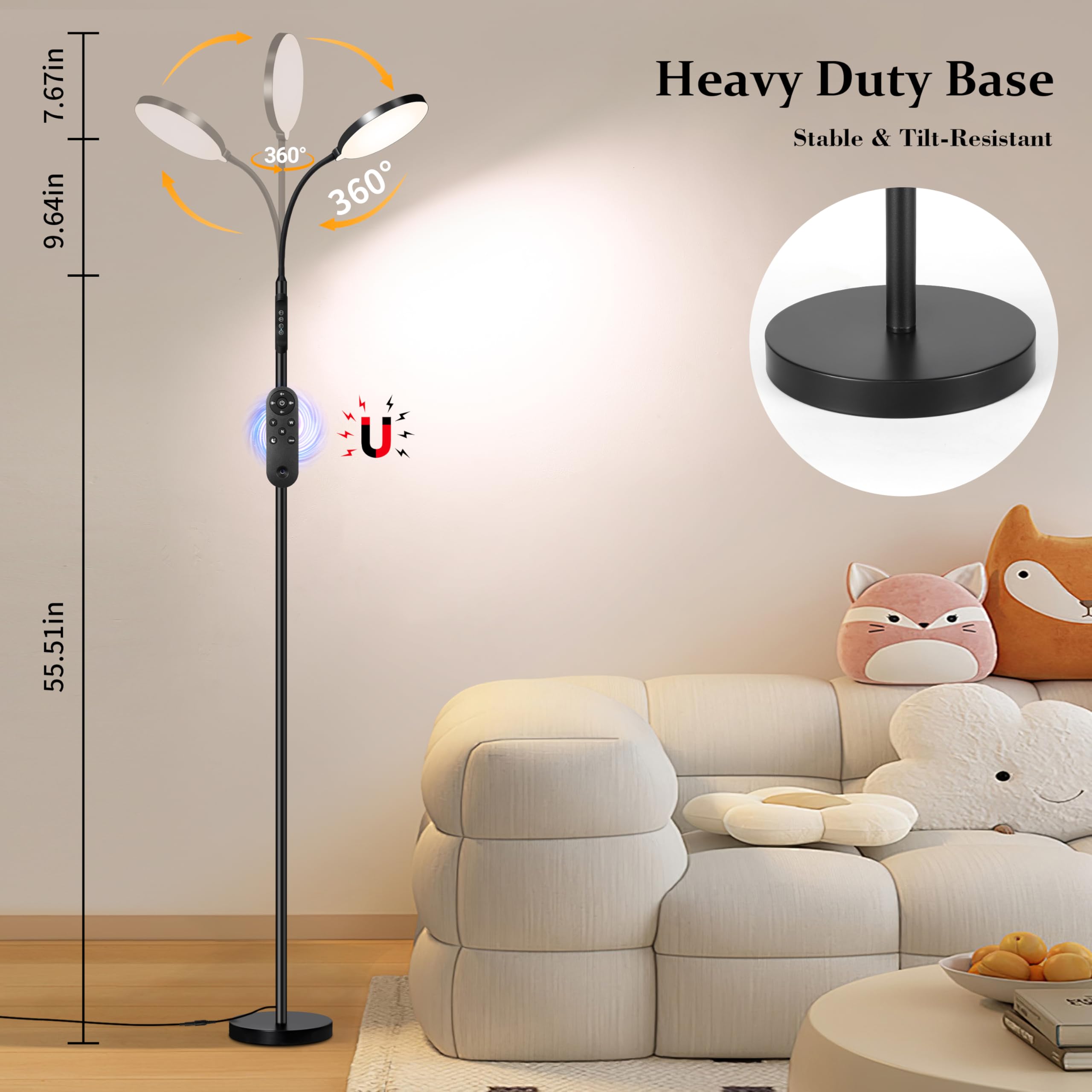 LED-Fußlampe mit Vollspektrum & Augenschutz, Magnet-Fernbedienung & Pfostensteuerung, verstellbarer Gänsehals 3000K-6500K dimmbar, stabiler Standfuß für Wohnzimmer Schlafenzimmer Büro Lesen, Schwarz