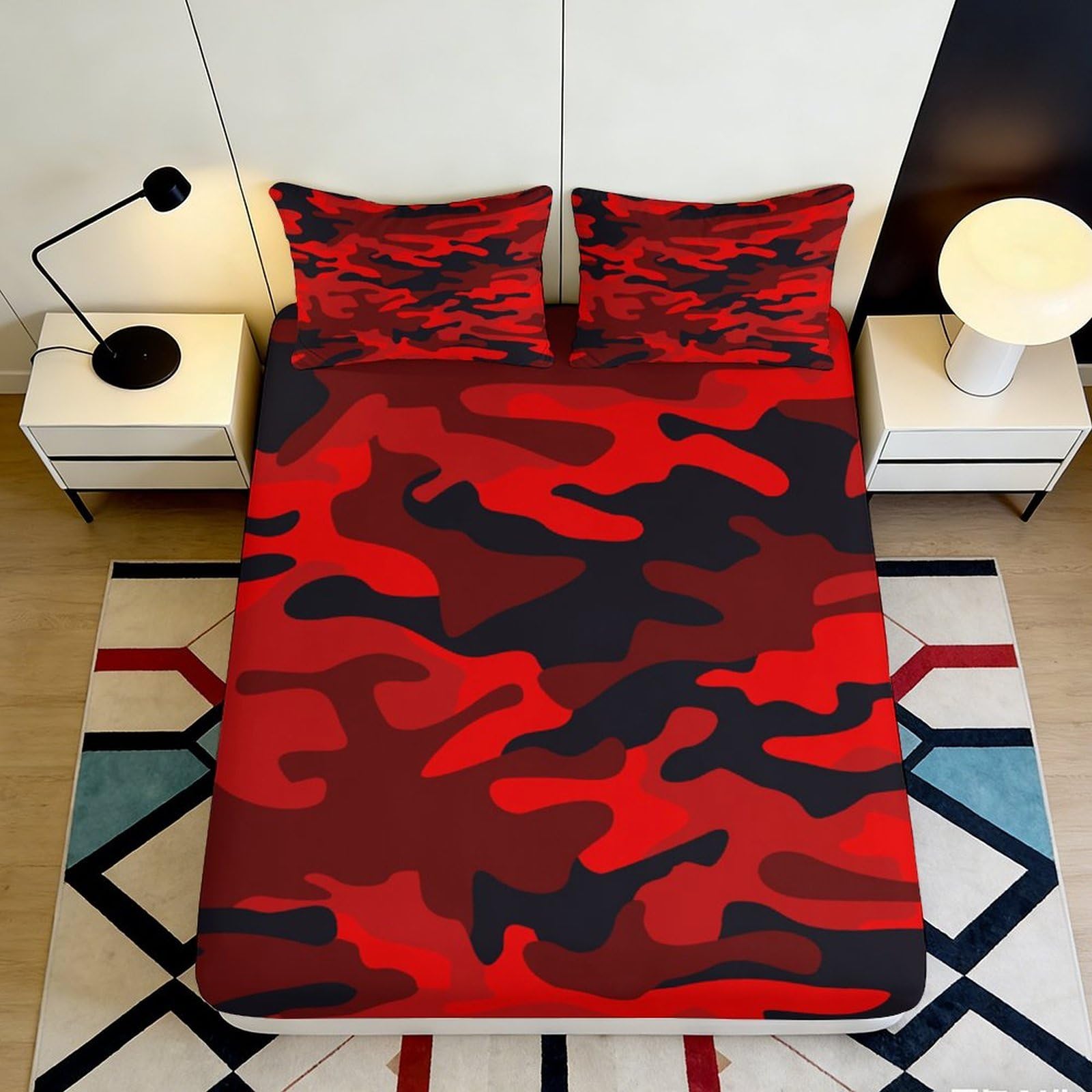 3D Printed Red Camouflage Fitted Sheet Microfiber Soft Camo Pattern Bed Cover for Bedroom Guest Room Mattress Protection 90x200x25cm
