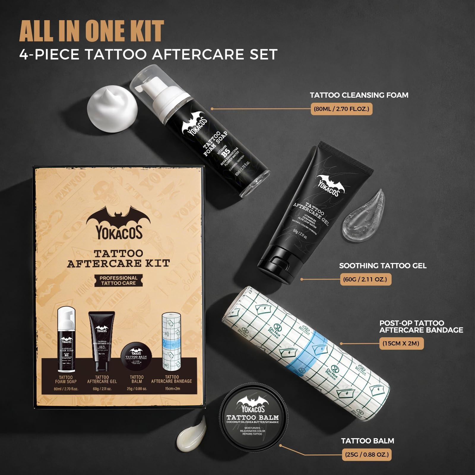 4 in 1 Kit di cura tatuaggio professionale tatuaggio aftercare | Morbido e lenitivo, crema riparatrice, gel lenitivo, schiuma detergente e fascia di protezione, per tatuaggio fresco e antico