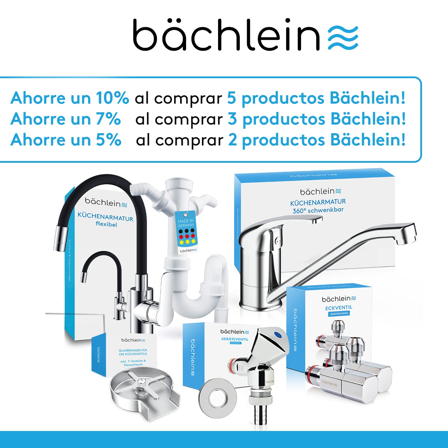 Bächlein G 1 1/4 Pulgadas Sifón de Ahorro de Espacio para el Baño - Sifón de Lavabo Plano de 32 mm - Sifón de Olores Baño - Made in Germany