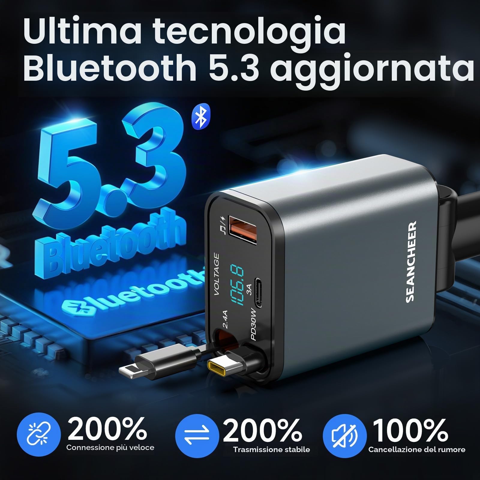 SEANCHEER Adattatore Bluetooth Auto & Accendisigari USBC, 69W Caricatore Auto con 2 Cavi Retrattili, Trasmettitore FM Bluetooth 5.3 (USB-C+Lightning)