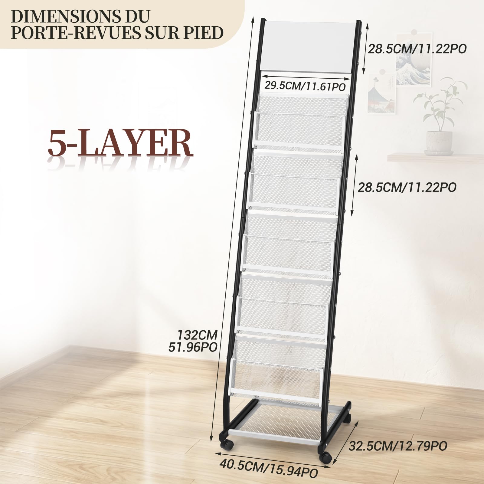 SUNDOY Portariviste su ruote a 5 livelli, espositore per riviste e cataloghi su piedistallo, supporto mobile per ufficio, fiere, casa e casa (5 strati, larghezza 32,5 cm)