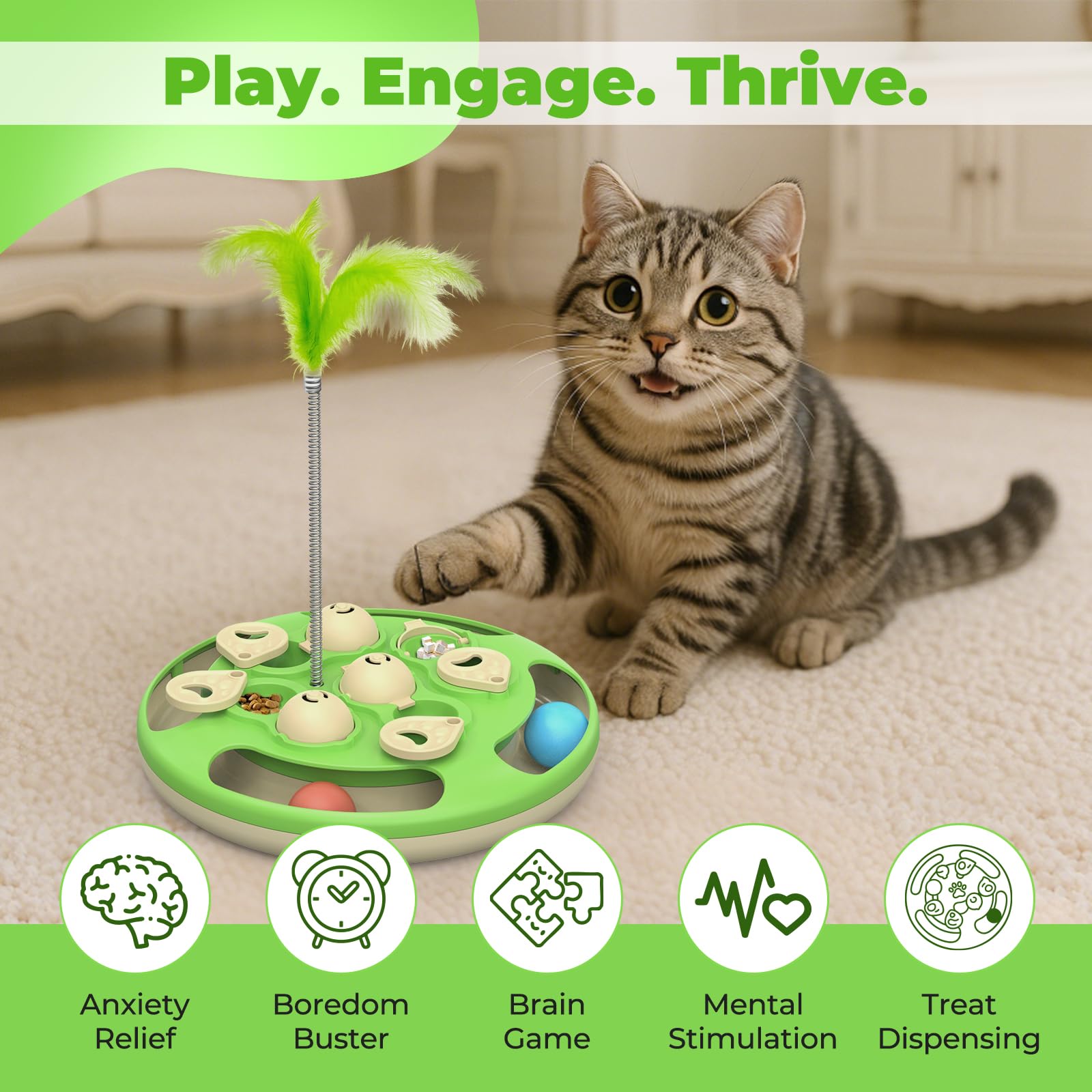 Giocattolo interattivo per gatti, livello 3 in 1, con palline di tracciamento, piuma e mangiatoia, base antiscivolo, arricchimento mentale per gatti da interni, regalo per gattini, verde