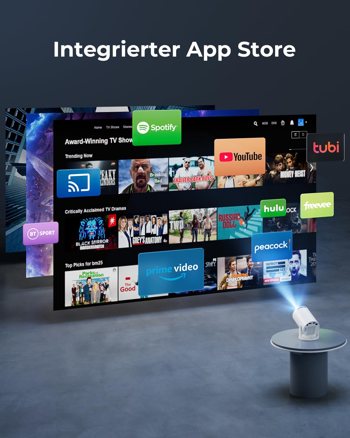 Mini Beamer 4K Unterstützt, 2026 Neuer Beamer Integrierte APP, 20000 Lumens mit Android 14, Automatische Trapezkorrektur, WiFi 6 und Bluetooth 5.4, 180° Dreh Projektor Tragbar Heimkino