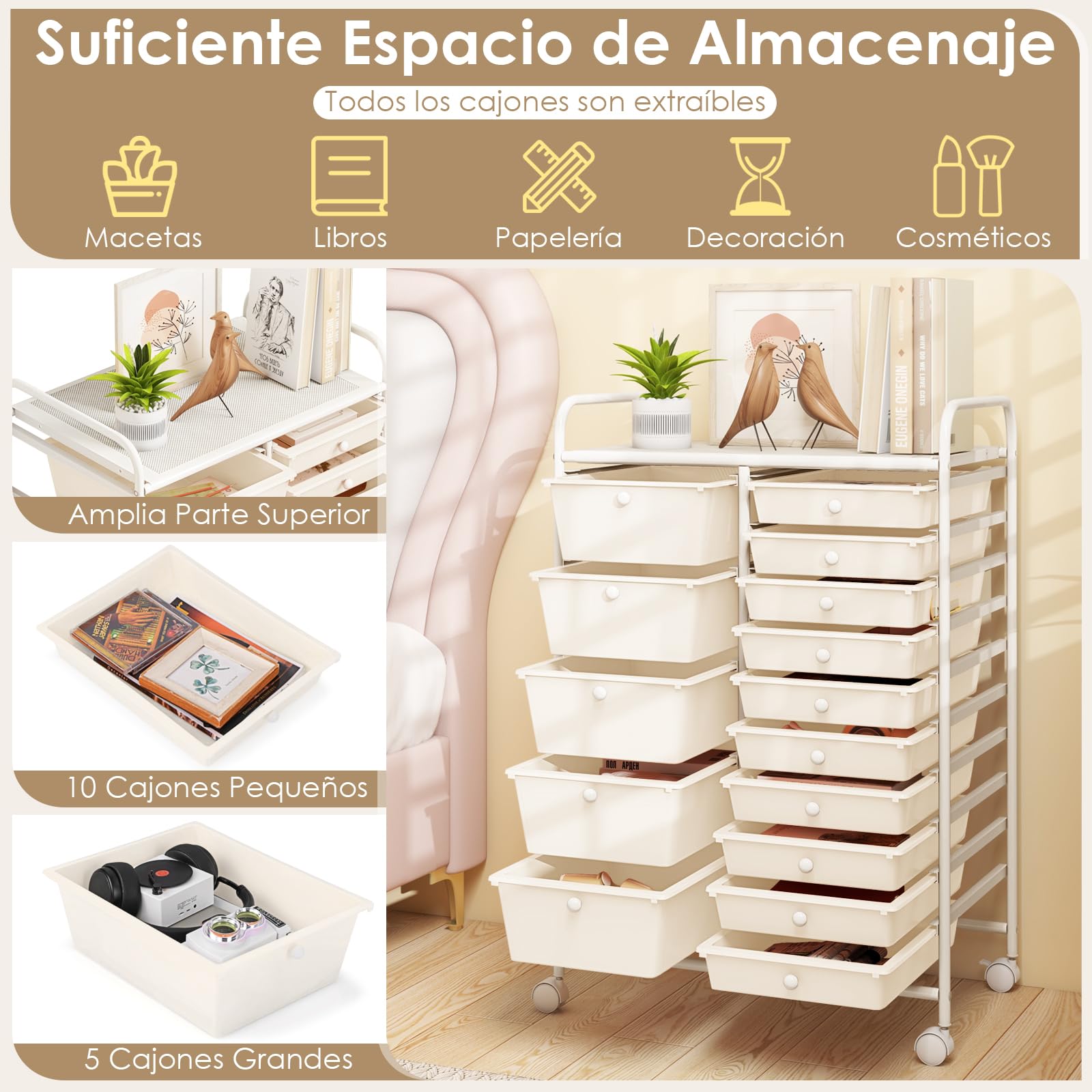 GOPLUS Carrito Auxiliar con 15 Cajones y Ruedas Giratorias Bloqueables, Carro de Almacenaje con Estructura de Acero, Carrito de Utilidad para Oficina Casa, 62.5 x 37 x 87 CM (Blanco)