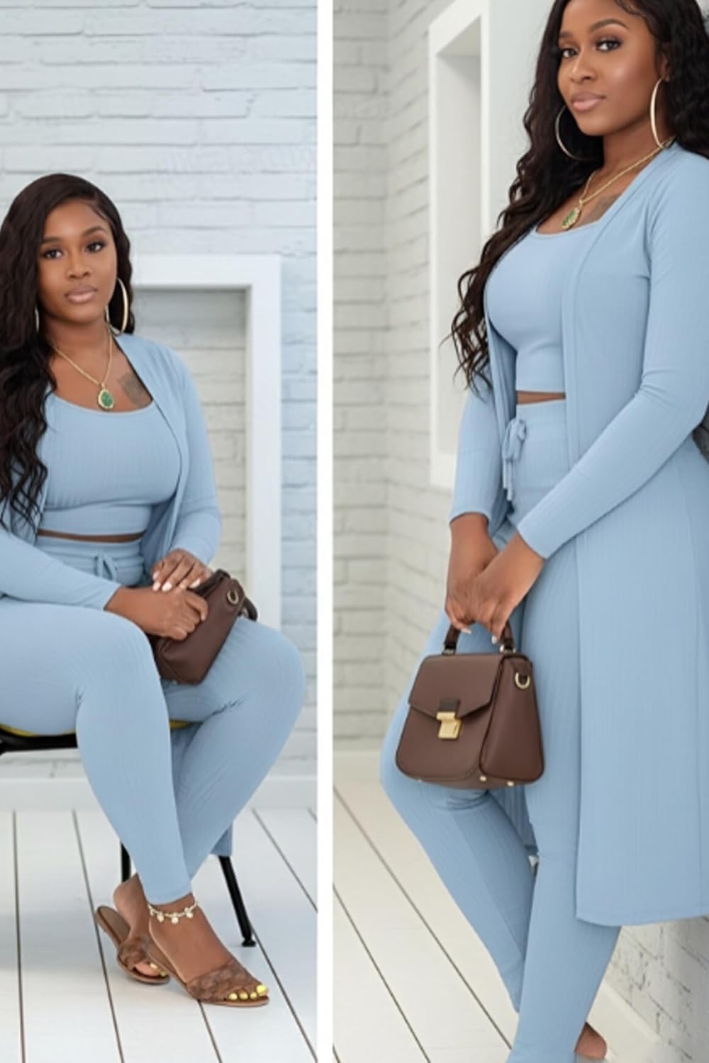 Womens 3 Piece Lounge Set Pajamas Set Long Cardigan Crop Tank Drawstring Pants Loungewear Outfits - Image 5