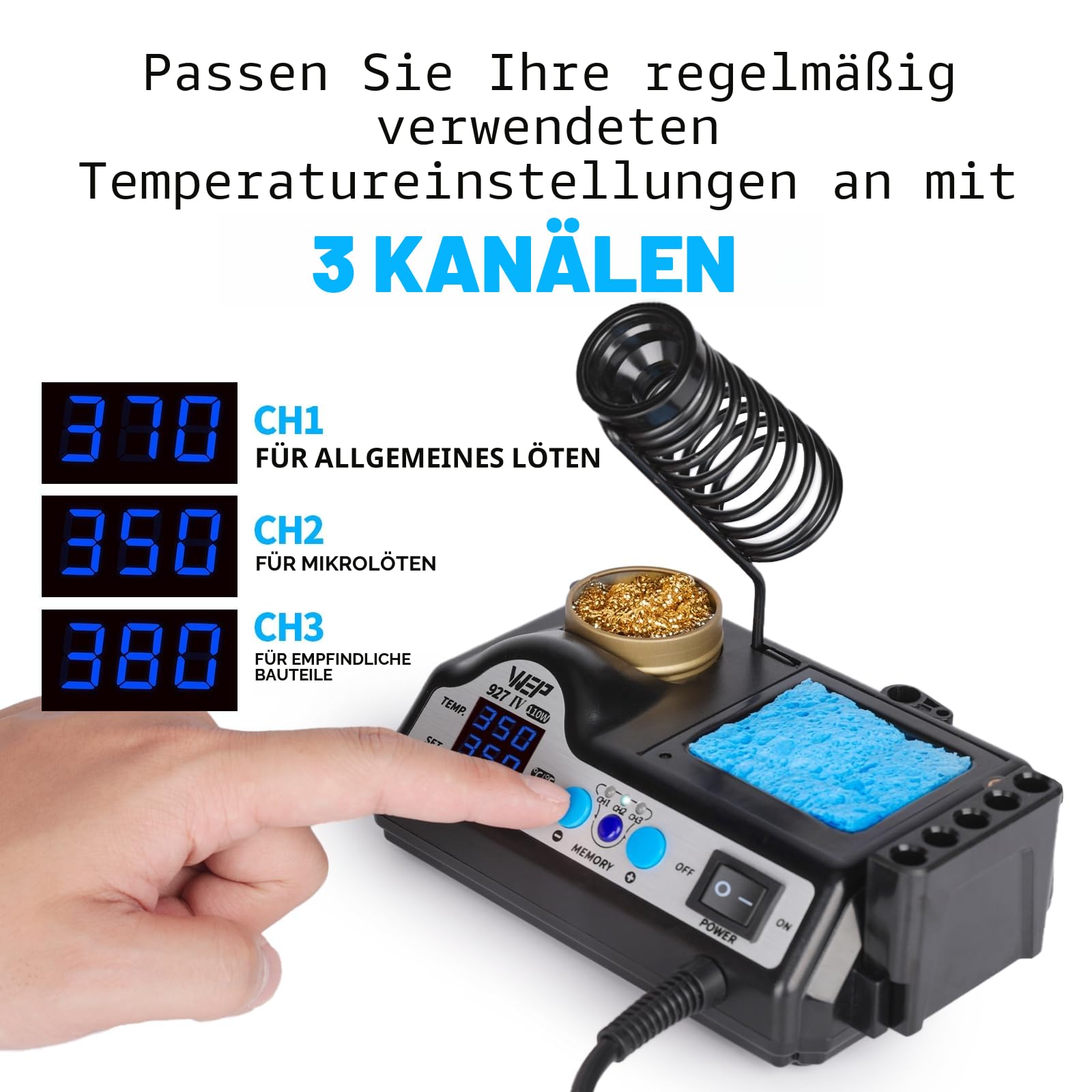 WEP 927-IV V1 lötkolben Set 110W, 3 voreingestellten Kanälen, Schlafmodus, LED-Vergrößerungsglas, 5 zusätzlichen Lötspitzen, Spitzenreiniger, 2 Helferhände, bleifreies Lötzinn, Pinzette (EU Stecker)