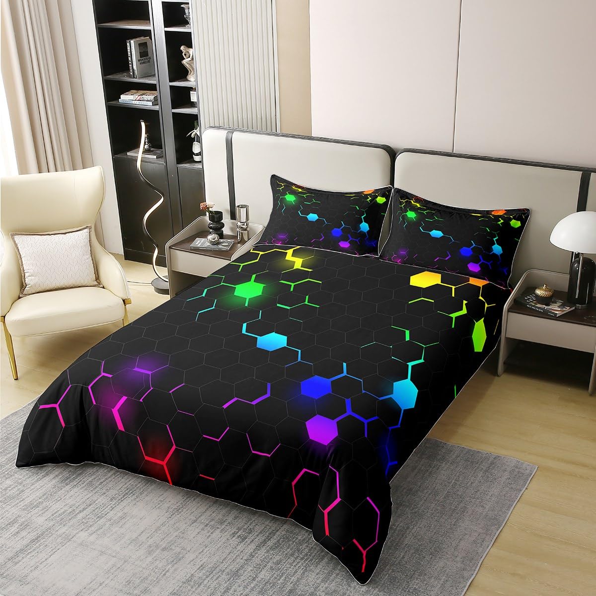 Homewish Modern Metal Honeycomb 100 Cotton Duvet Cover Single,Colorful Ombre Geometric Bedding Set,Hexagon Beehive Comforter Cover,Kids Boys Girls Honeycomb Quilt Cover with 1 Pillowcase,Green - Image 2