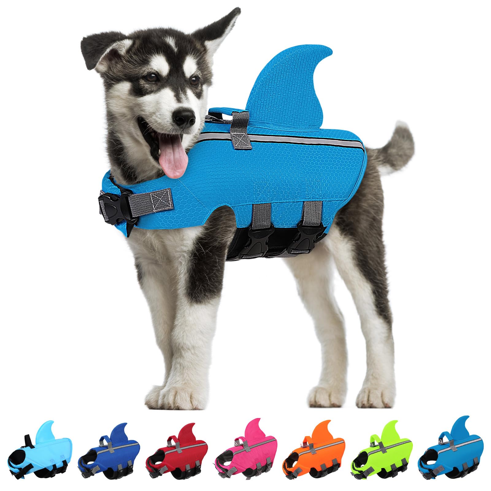 SUNFURA Dog Life Jacket Shark Life Vest for Dogs, Adjustable Swmming Vest with High Buoyancy, Safety Lifesaver with Rescue Handle for French Bulldog