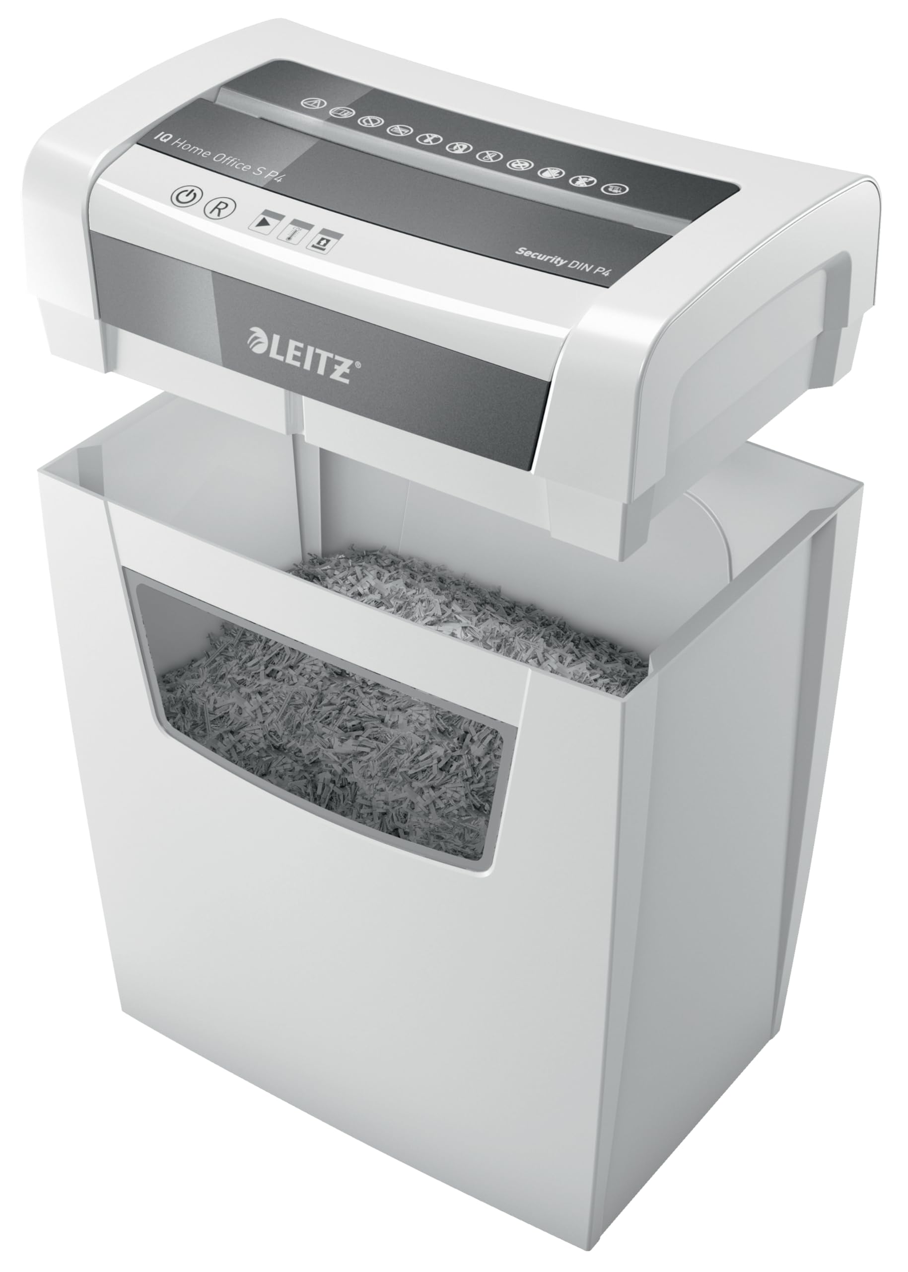 Leitz IQ Home Office S niszczarka dokumentów, pojemność 9-8 arkuszy (70-80 g/m²), cięcie cząstek, poziom bezpieczeństwa P4, pojemnik na odpady 15 l, rozdrabniacz, biała, 80360000