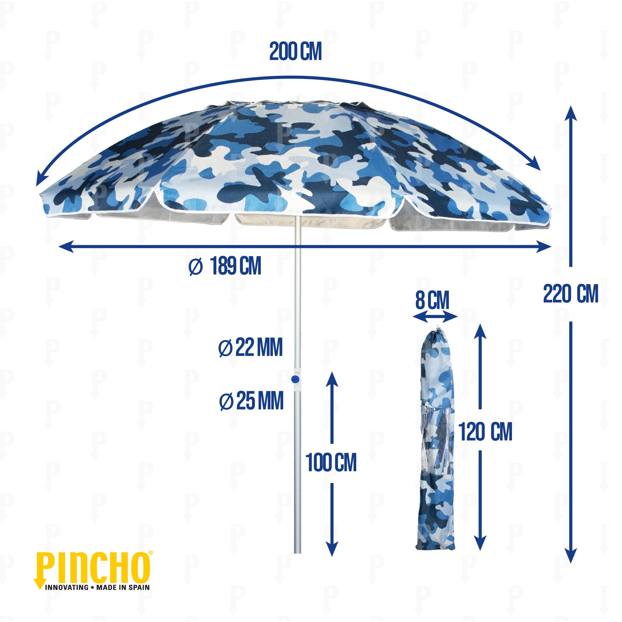 Pincho Parasol plażowy 200 cm z ochroną UV50+, regulowana wysokość, wiertło w zestawie 8 prętów wiatroszczelnych z włókna szklanego, rura aluminiowa, torba transportowa