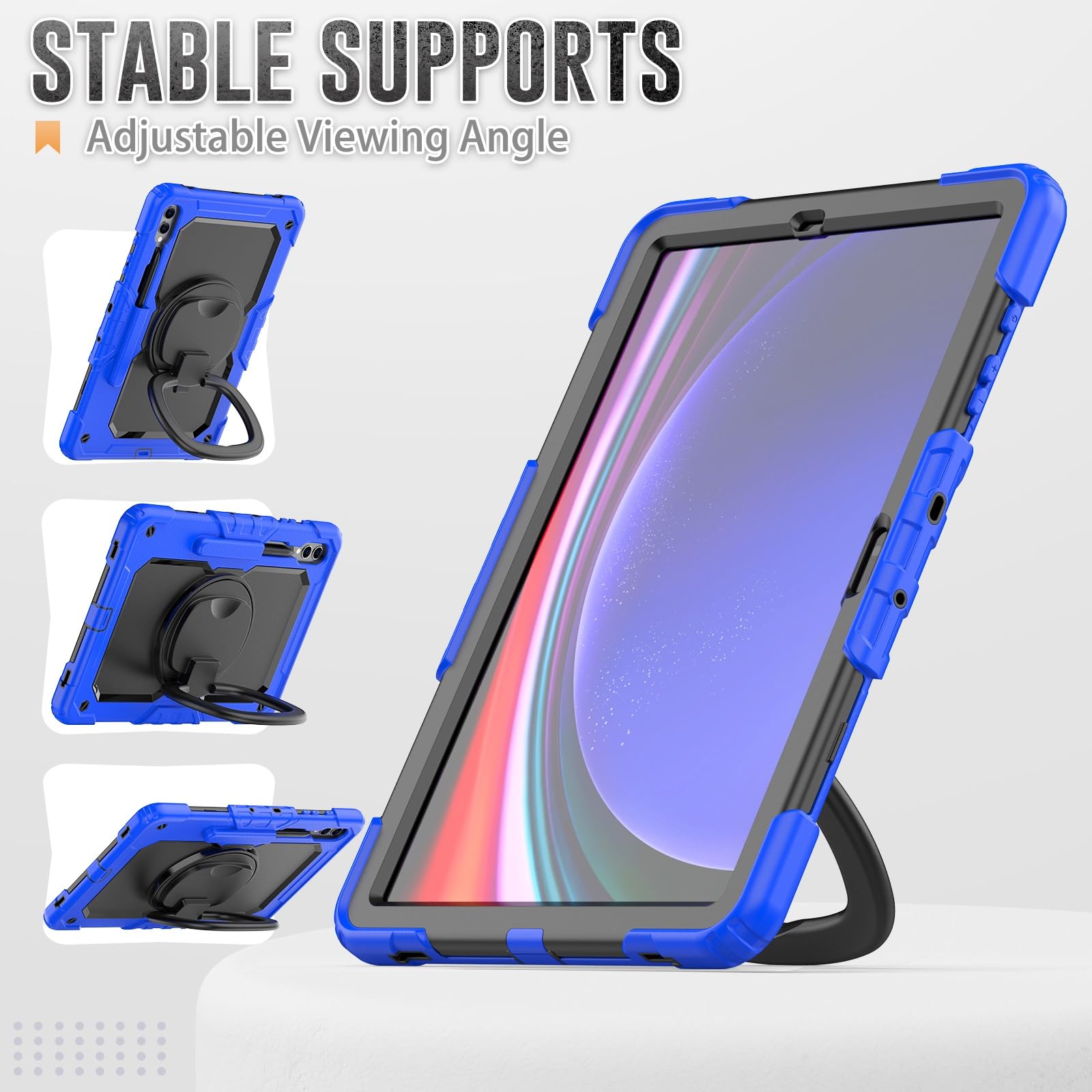 Wytrzymałe, odporne na wstrząsy etui TPU do Samsung Galaxy Tab S10 Plus 12,4 "2024 SM-X820/X826B/X828U Etui dziecięce, uchwyt obrotowy 360 stopni, wspornik stojakowy, osłona ekranu + pasek ramię(Blu)