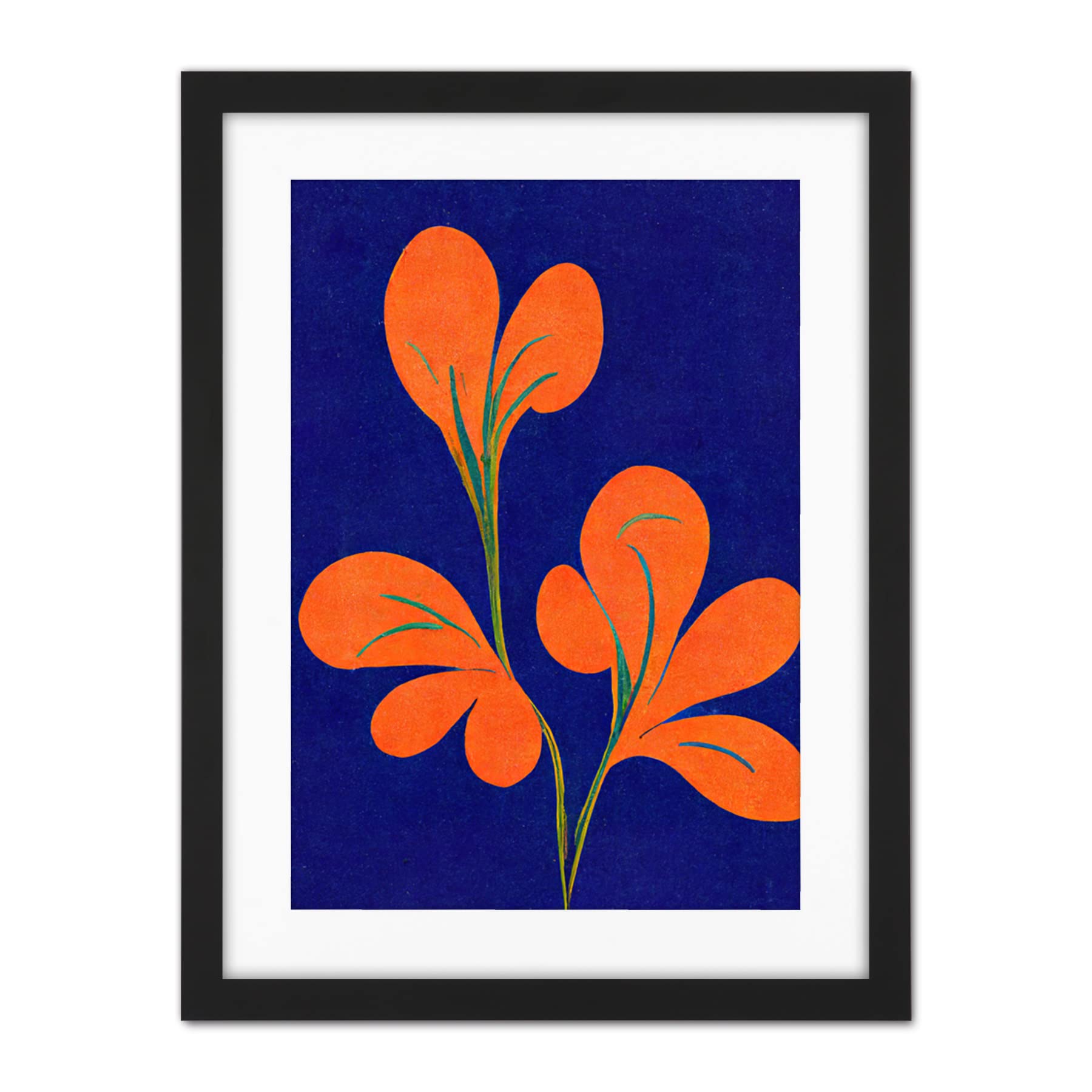 Doppelganger33 LTD Henri Matisse Inspired Bright Abstract Orange Flower Blooms On Royal Blue Artwork Framed Wall Art Print 18X24 Inch