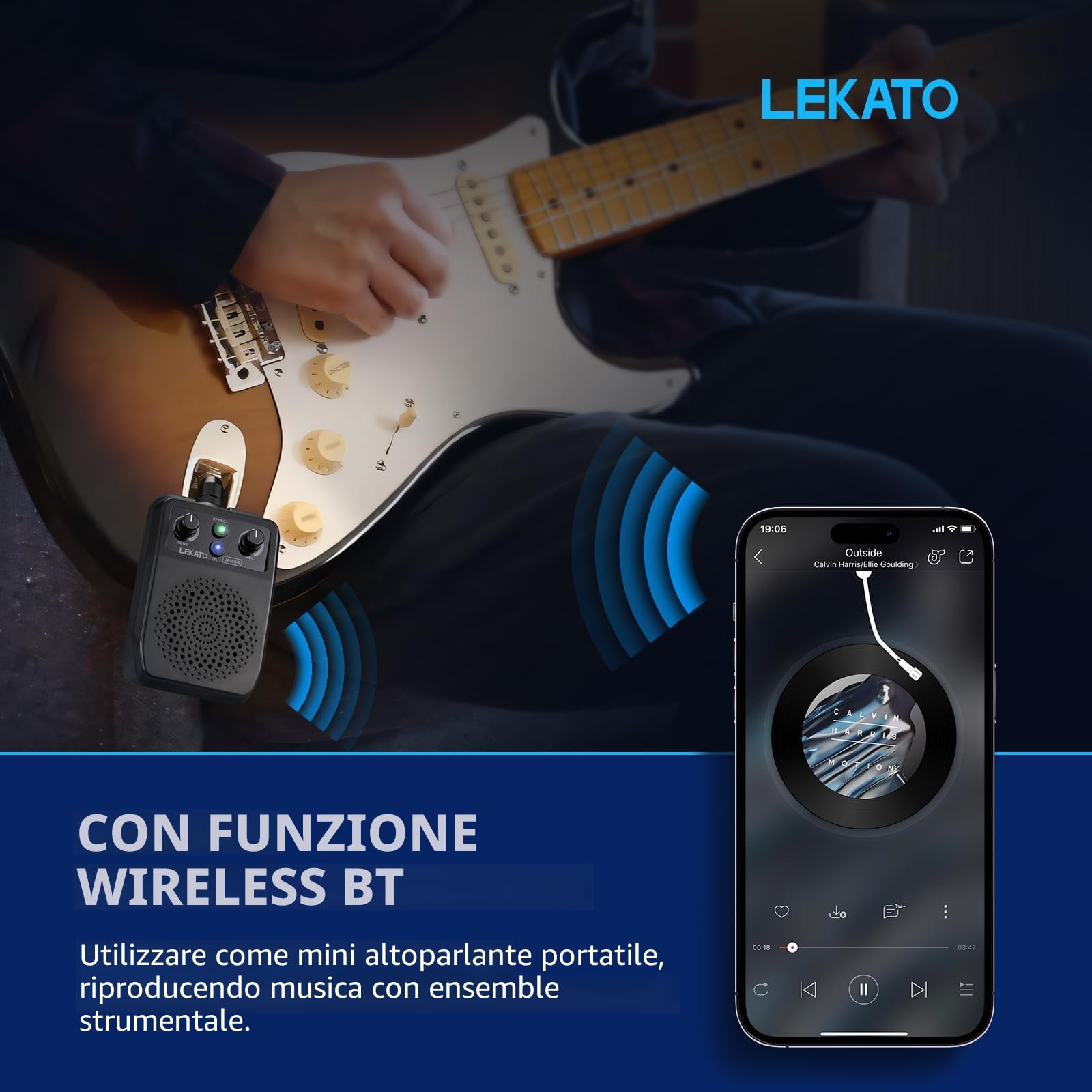 LEKATO Mini Amplificatore per Chitarra Portatile Ricaricabile Bluetooth, Multieffetti con Riverbero Distorsione Overdrive Clean