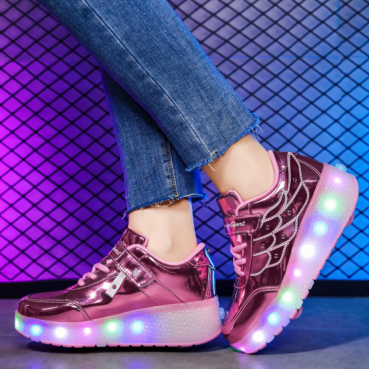 Unisex Kids Boys Girls LED Trainer,LED Light-UP Roller Skates Shoes,7 Colors Light,USB Rechargeable,Double Wheels, Retractable/Lightweight Outdoor Sports Cross Shoes Gymnastic Running Sneakers