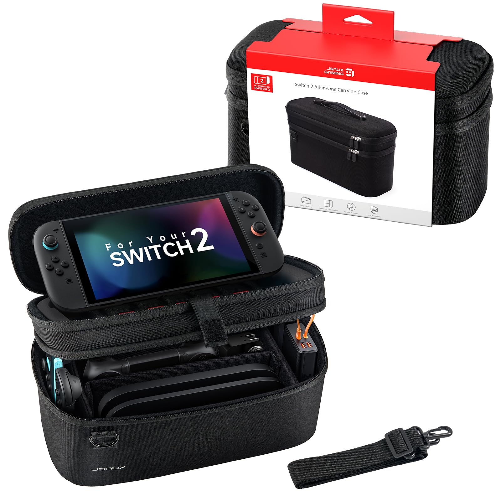 JSAUX All-in-One Carrying Case for Nintendo Switch 2, Travel Storage Bag Fits Dock, Controllers and Accessories, Holds Switch 2 with Protective Case, Large Capacity – Black