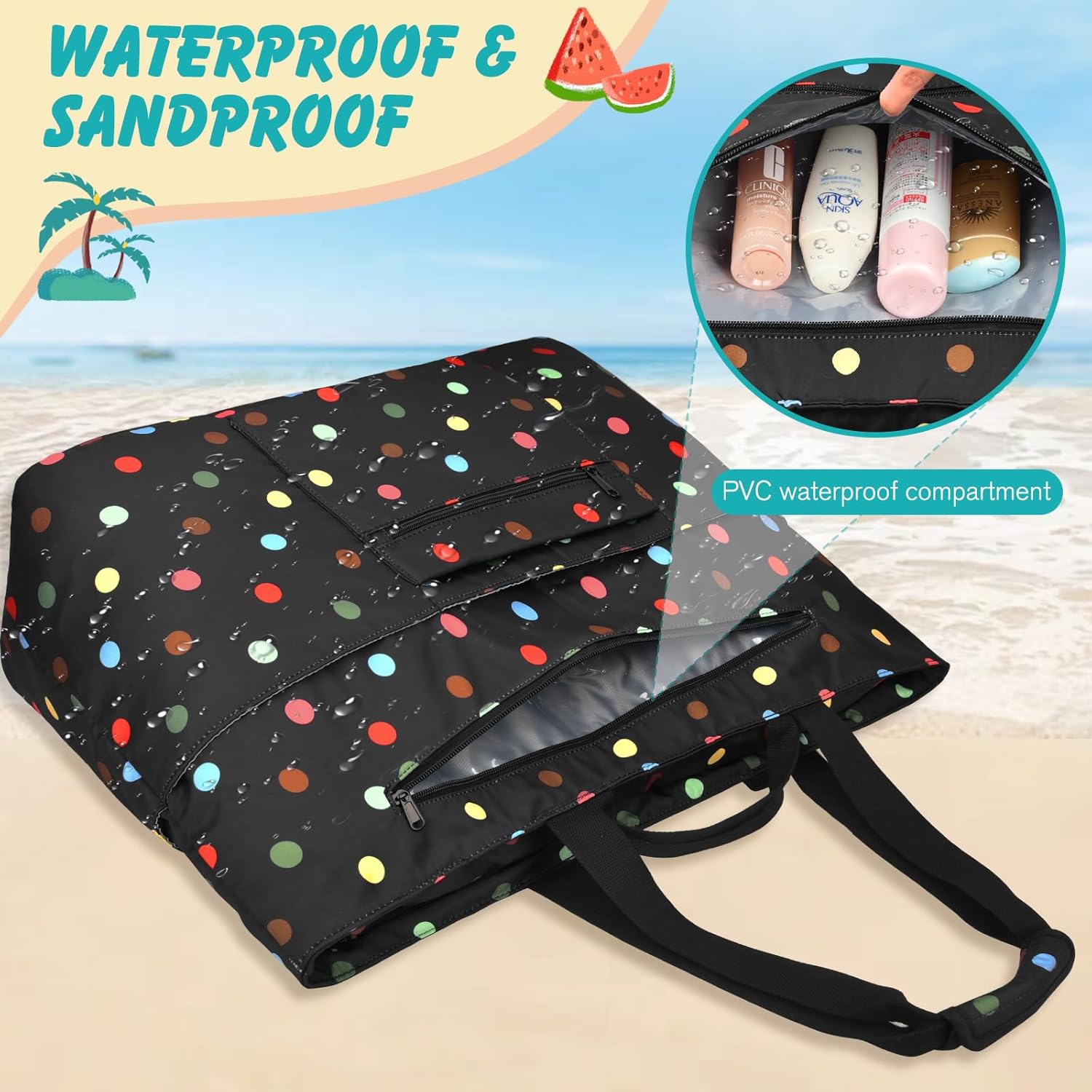 Extra Large Beach Bags for Women, Waterproof Beach Tote Bag with Zipper and Wet Pocket, Foldable Swim Pool Bag - Image 8