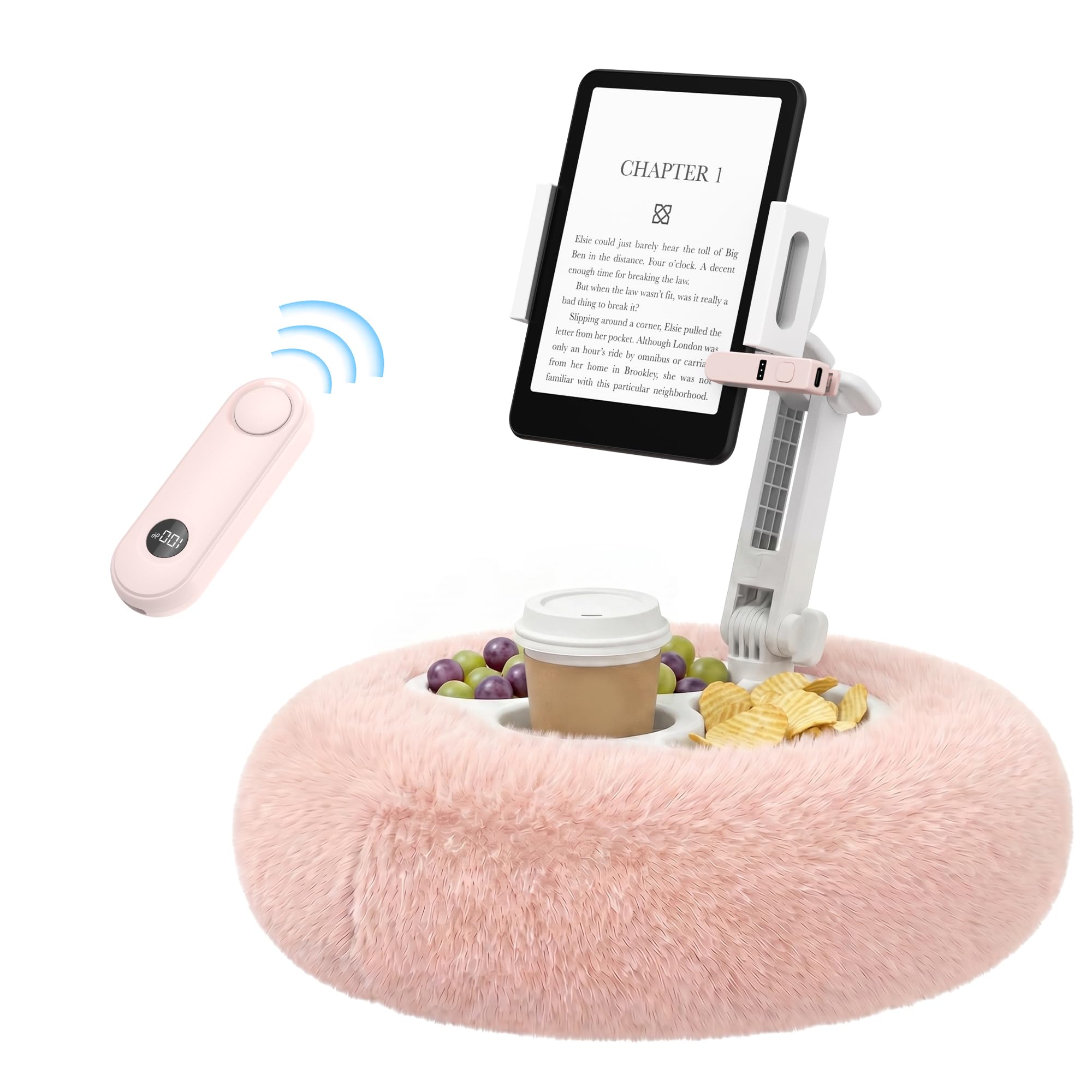 PlusAcc poduszka na Kindle z 3 miseczkami na przekąski – podpórka na tablet z poduszką, orientacja 360° do użytku na kolanach, podpórka do czytania z wolnymi rękami dla Kindle, Kobo, do mycia (Różowy+