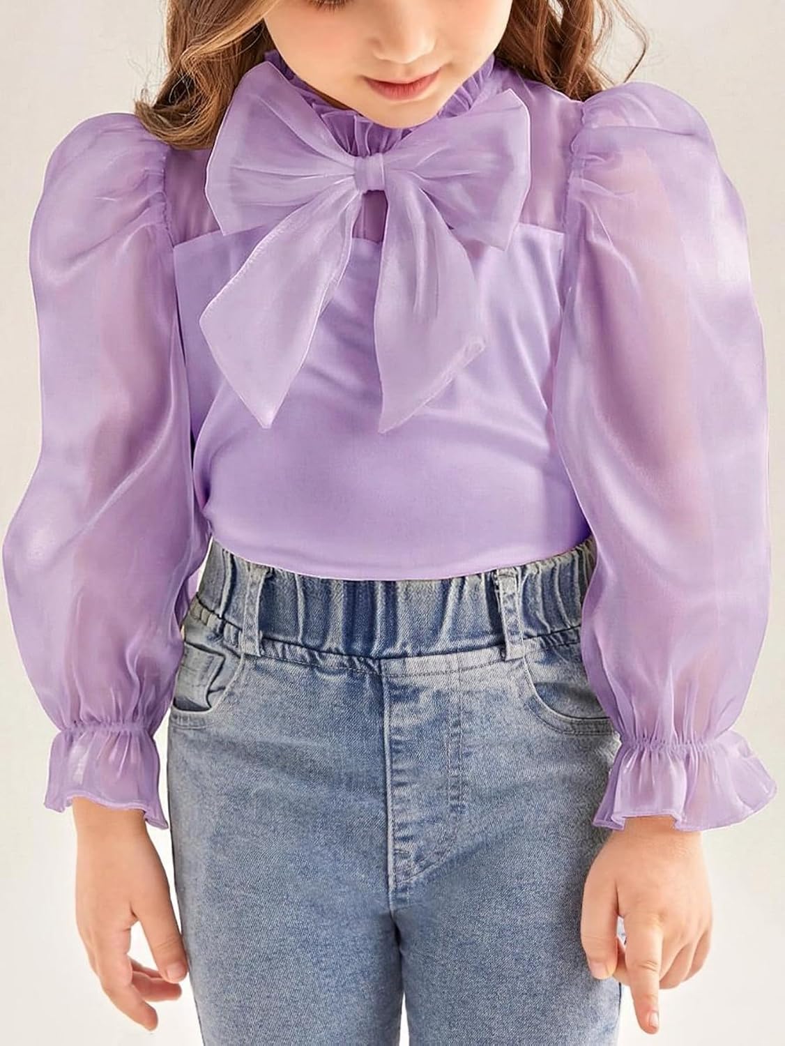 WDIRARA Girl's Bow Front Cute Long Sleeve Blouse Mock Neck Shirt Ruffle Mesh Casual Top Tee