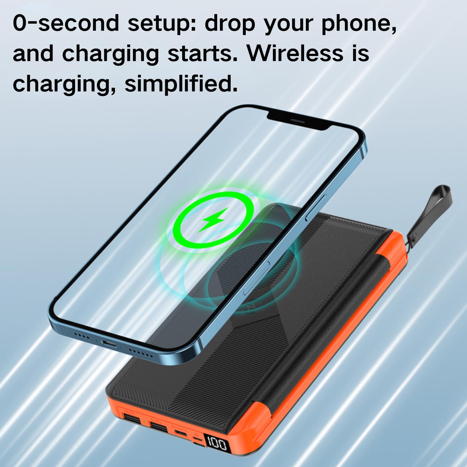 Powerbank Solar 20000 mAh, Dos Puertos USB, Tipo-C, Función de Carga Inalámbrica, Carga 4 Dispositivos al Mismo Tiempo, Cables Integrados, Cargador Portátil para iPhone, Android, Viajes