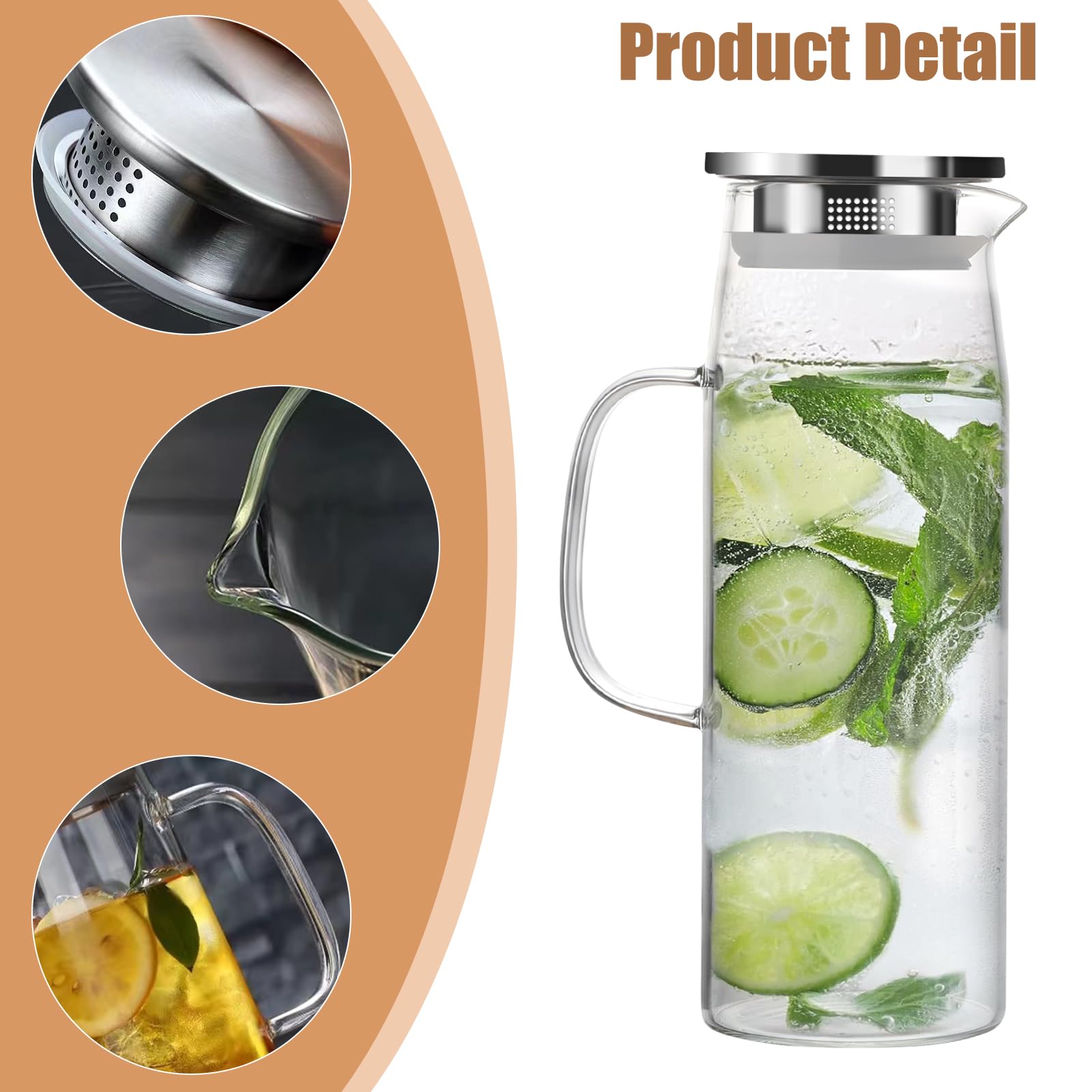 Carafe En Verre 1,5 Litre Avec Couvercle Inox - Pichet Pour Eau, Jus, Thé, Vin - Bec Verseur Anti-goutte