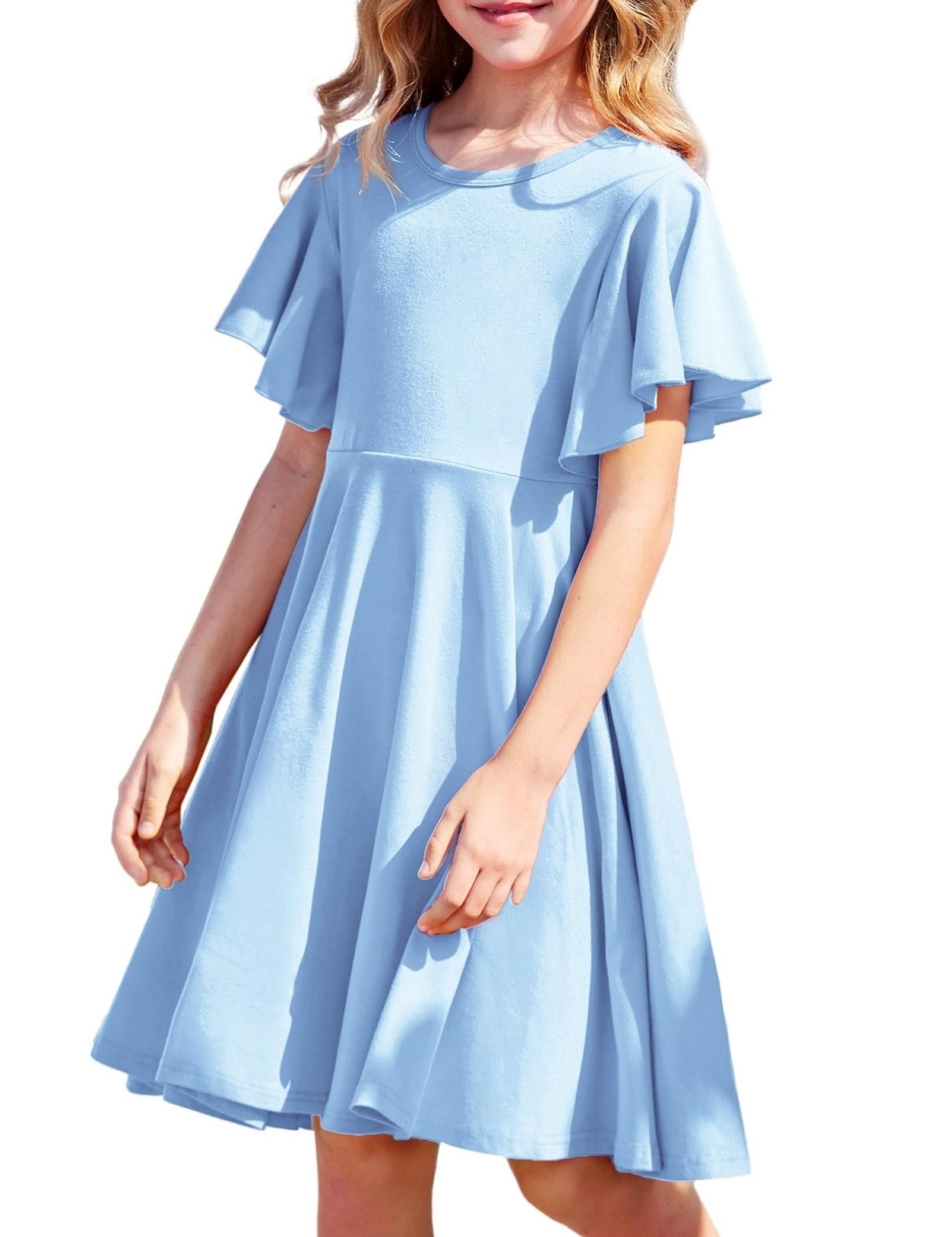 Arshiner Kleider für Mädchen Schmetterlingsärmel Kleid Kinder A-Line Swing Kleid Rundhals Sommerkleid Baumwollekleid Festlich Partykleid Hochzeit Lässige Kinderkleidung mit Tasche