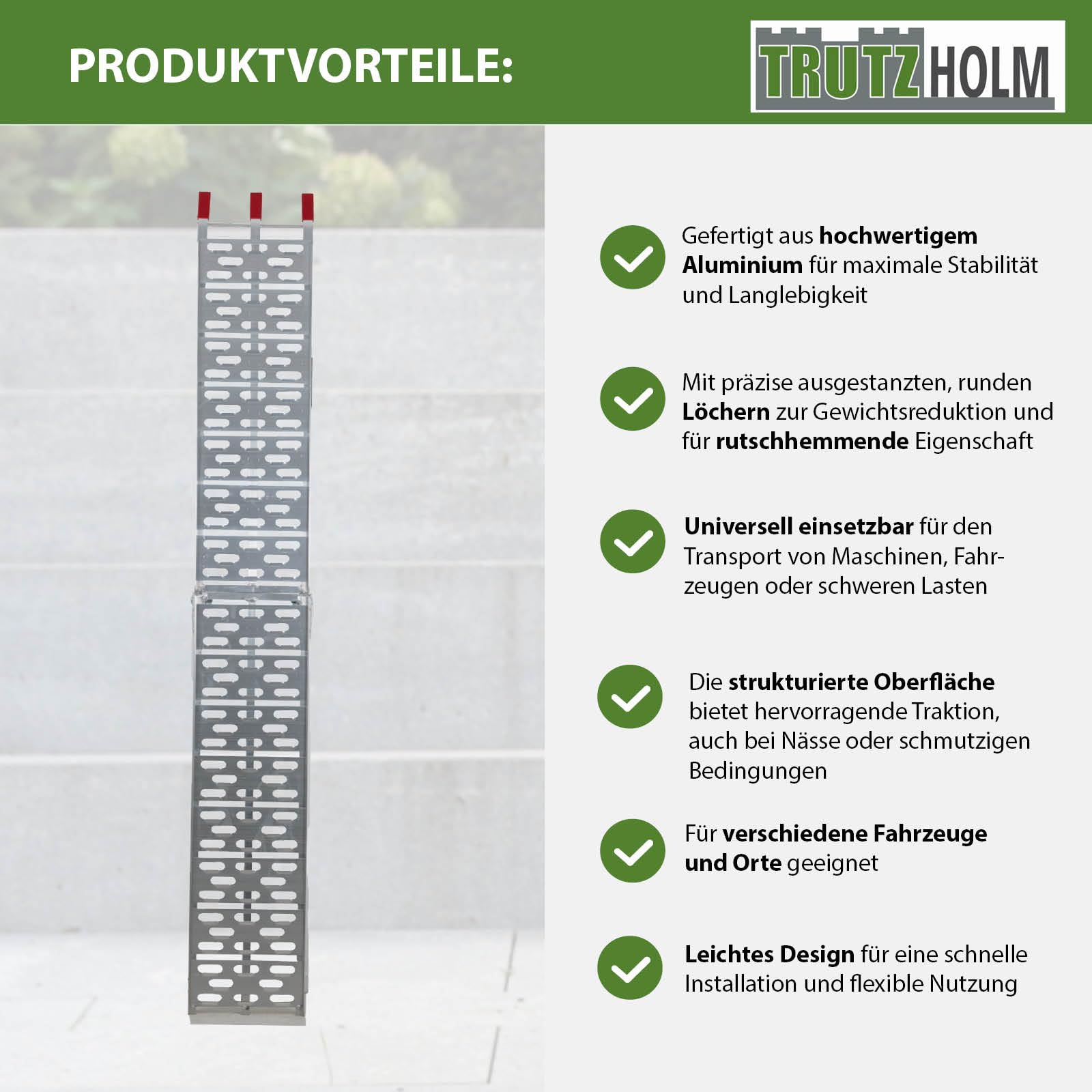 TRUTZHOLM Auffahrrampe klappbar 228 cm Tragkraft 340 kg Aluminium Rampe Faltbare Alu Verladerampe ATV Quad Motorradrampe Laderampe inkl. Spanngurt(1 x Rampe grau)