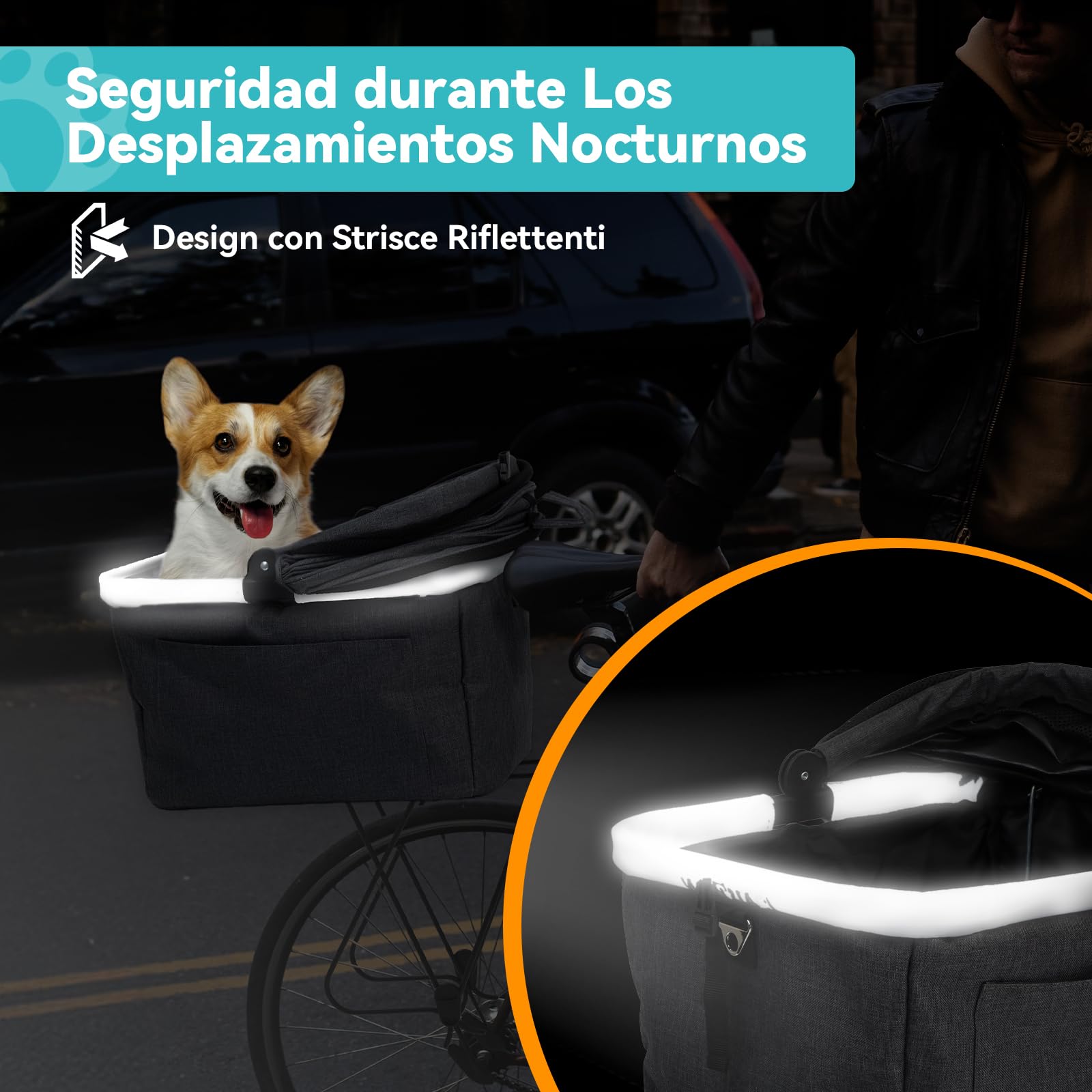 Cesta Trasera Plegable para Perro Gato hasta 12KG con Marco Metálico, Montaje Rápido, Ventana de Malla, Cojín Suave, Tiras Reflectantes, Compatible con Bicicletas Eléctricas y Urbanas