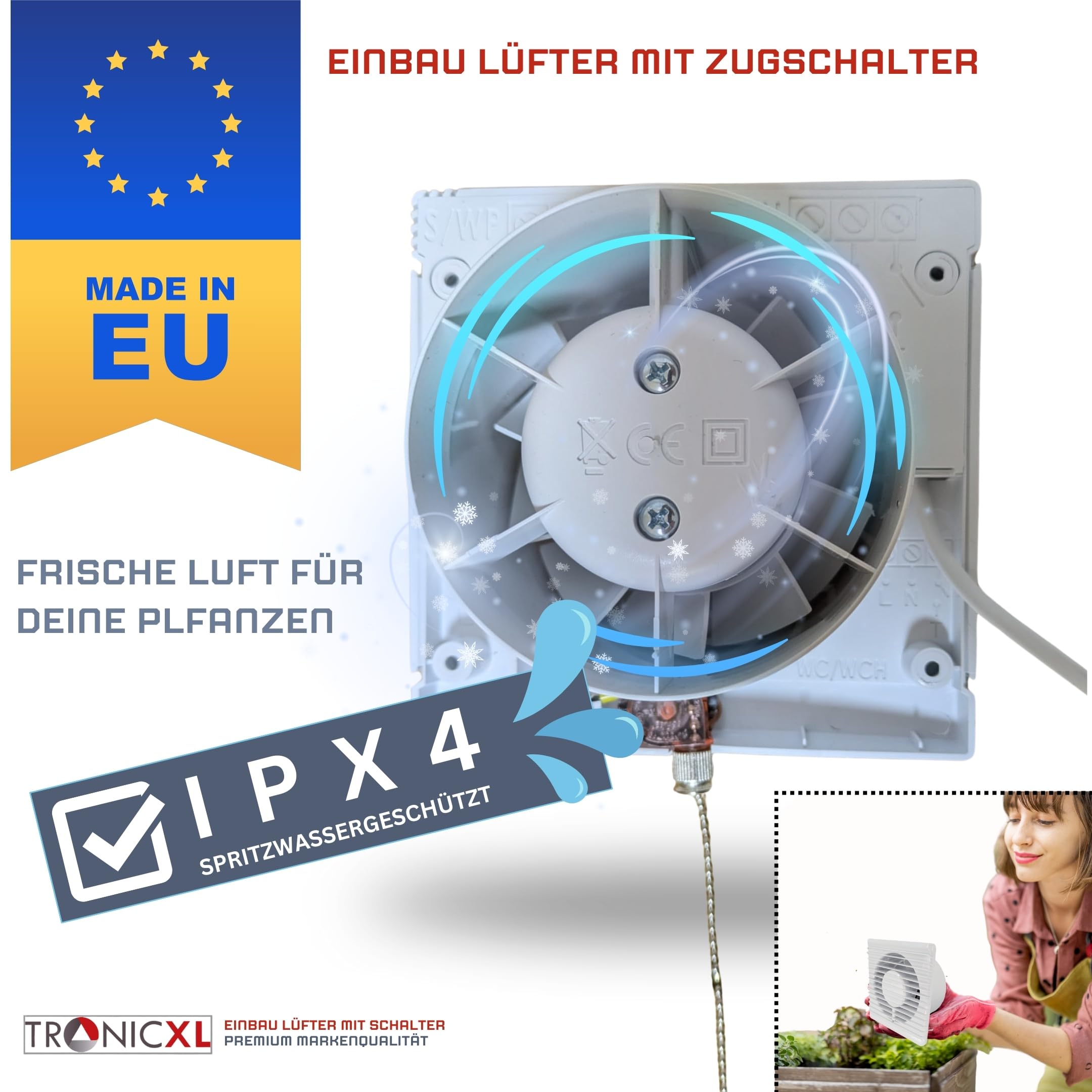 TronicXL IPX4 100mm Abluft/Zuluft Grow Lüfter Ventilator mit Netzstecker und Schalter für Homebox Growbox Growschrank Secret Jardin GrowPro DiamondBox Zelsius Mars Hydro etc.
