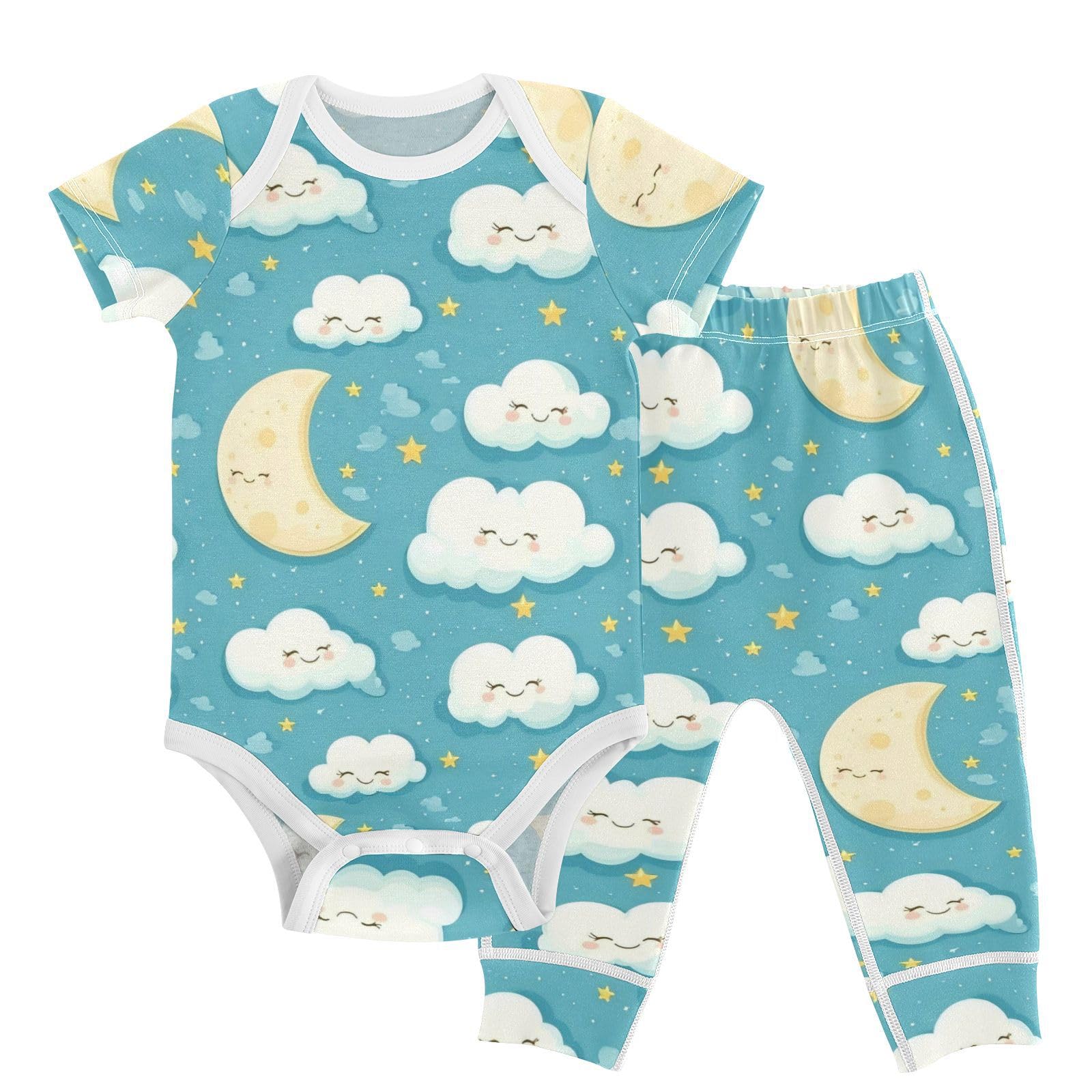 vvfelixl White Clouds and Moon Baby Bodysuits Set,Baby Layette Sets Unisex Short Sleeve Babys Pants Sets 6-9M