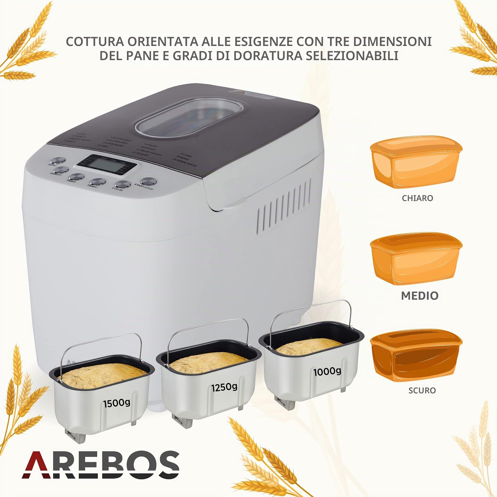 Arebos Macchina per il pane 1500 g | con 15 programmi | 2 ganci per impastare | timer | display LCD | 3 livelli di doratura e dimensioni del pane | 850 W | Bianco
