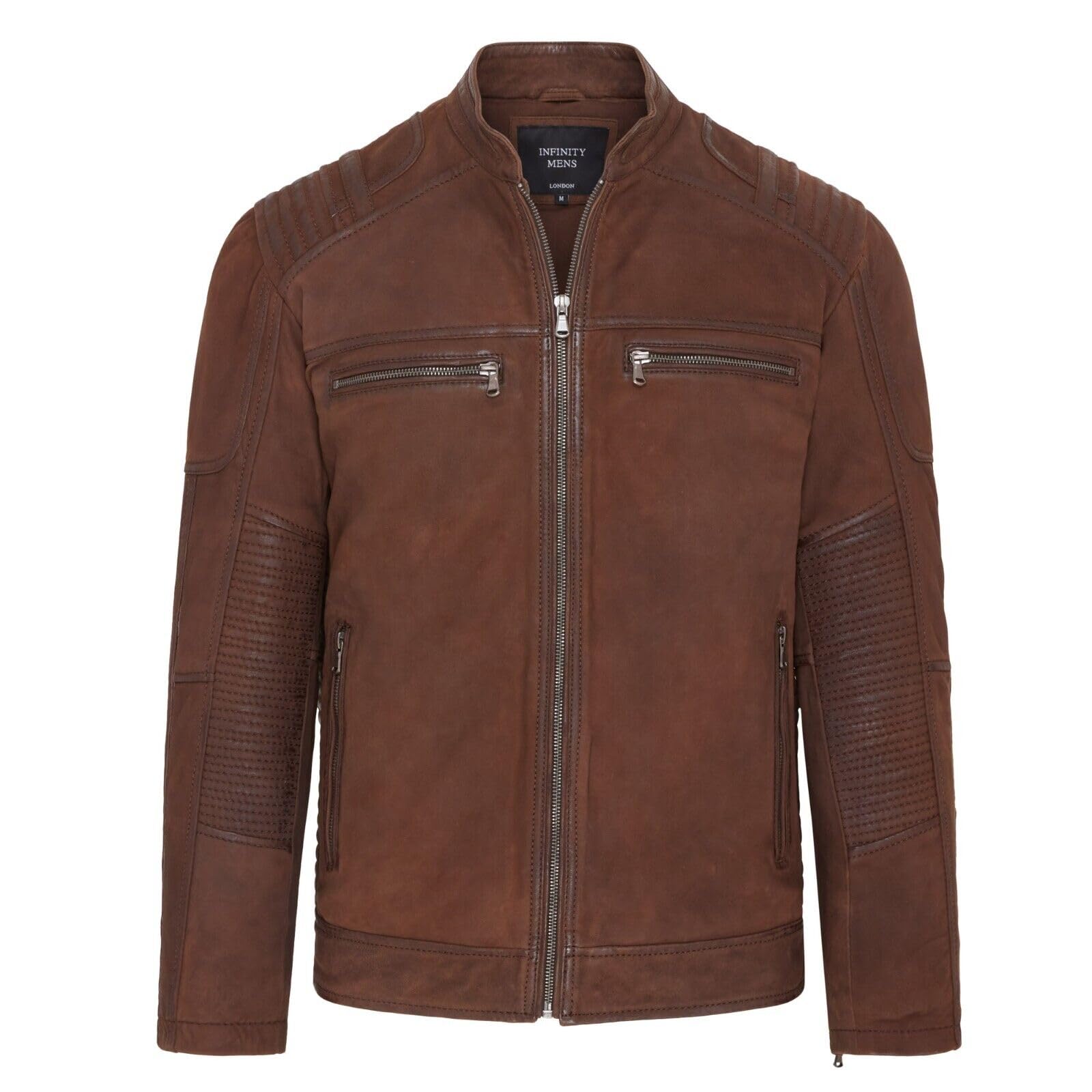 Mens Brown Buff Leather Café Racer Biker Jacket
