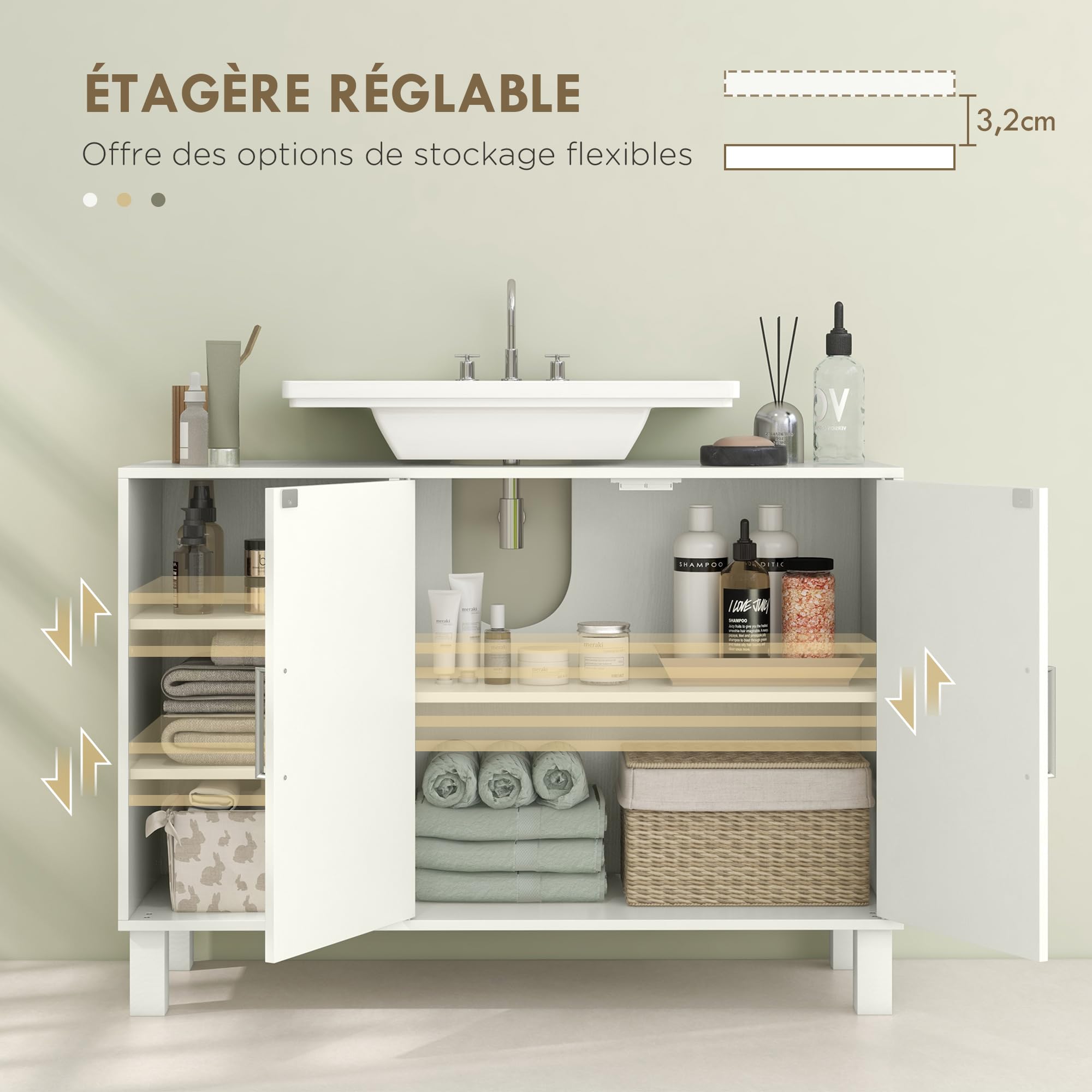 HOMCOM Meuble sous Lavabo, Meuble de Salle de Bain, 90 x 30 x 63 cm, Crème